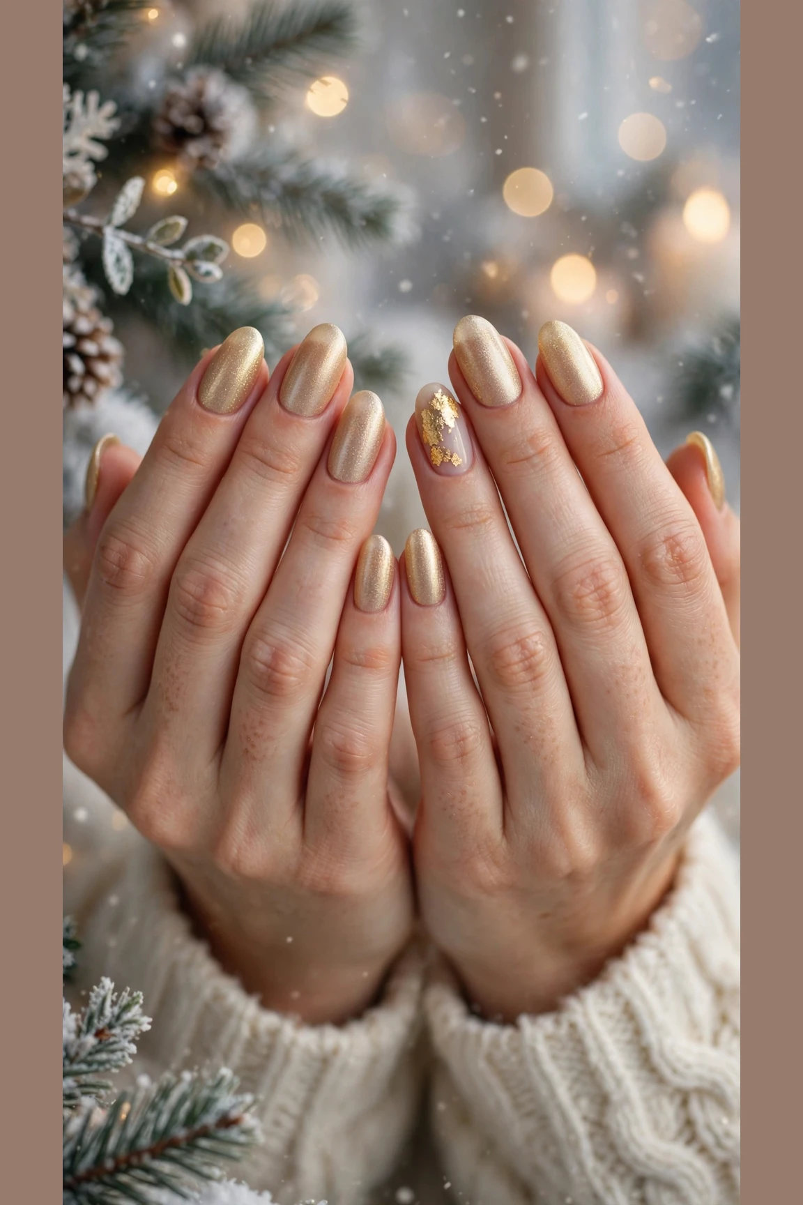 Gold Chrome Nail Designs For Winter Parties With Short Oval Nails On Medium Almond Nails With A Frosted Gold Glow And A Single Gold Leaf Accent Nail