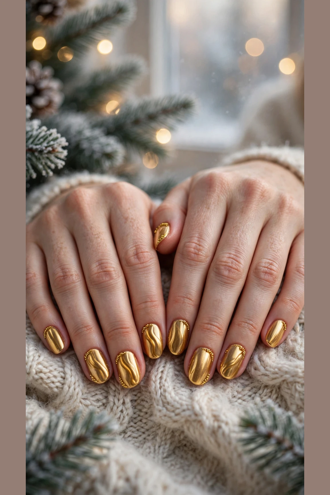 Gold Chrome Nail Designs For Winter Parties With Short Oval Nails On Natural Oval Nails With A Molten Gold Finish And Gold Micro-Bead Details