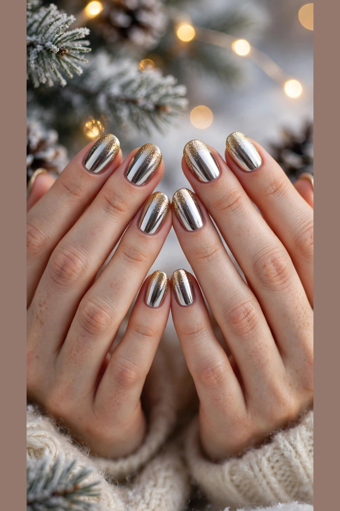 Gold Chrome Nail Designs For Winter Parties With Short Oval Nails On Short Oval Nails With Mirror Chrome Shine And A Gold Glitter Gradient Tip (Variation 22)