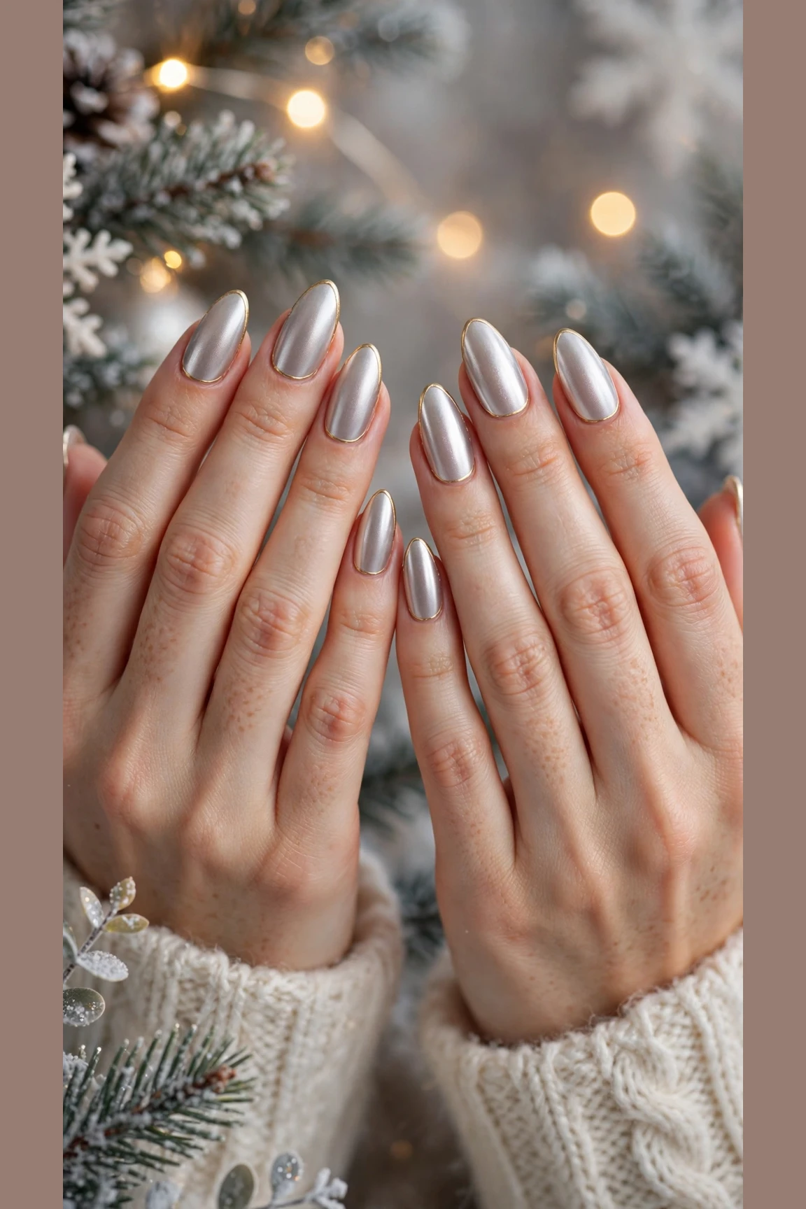 Gold Chrome Nail Designs For Winter Parties With Short Oval Nails On Long Almond Nails With A Satin Chrome Effect And A Thin Gold French Edge (Variation 24)