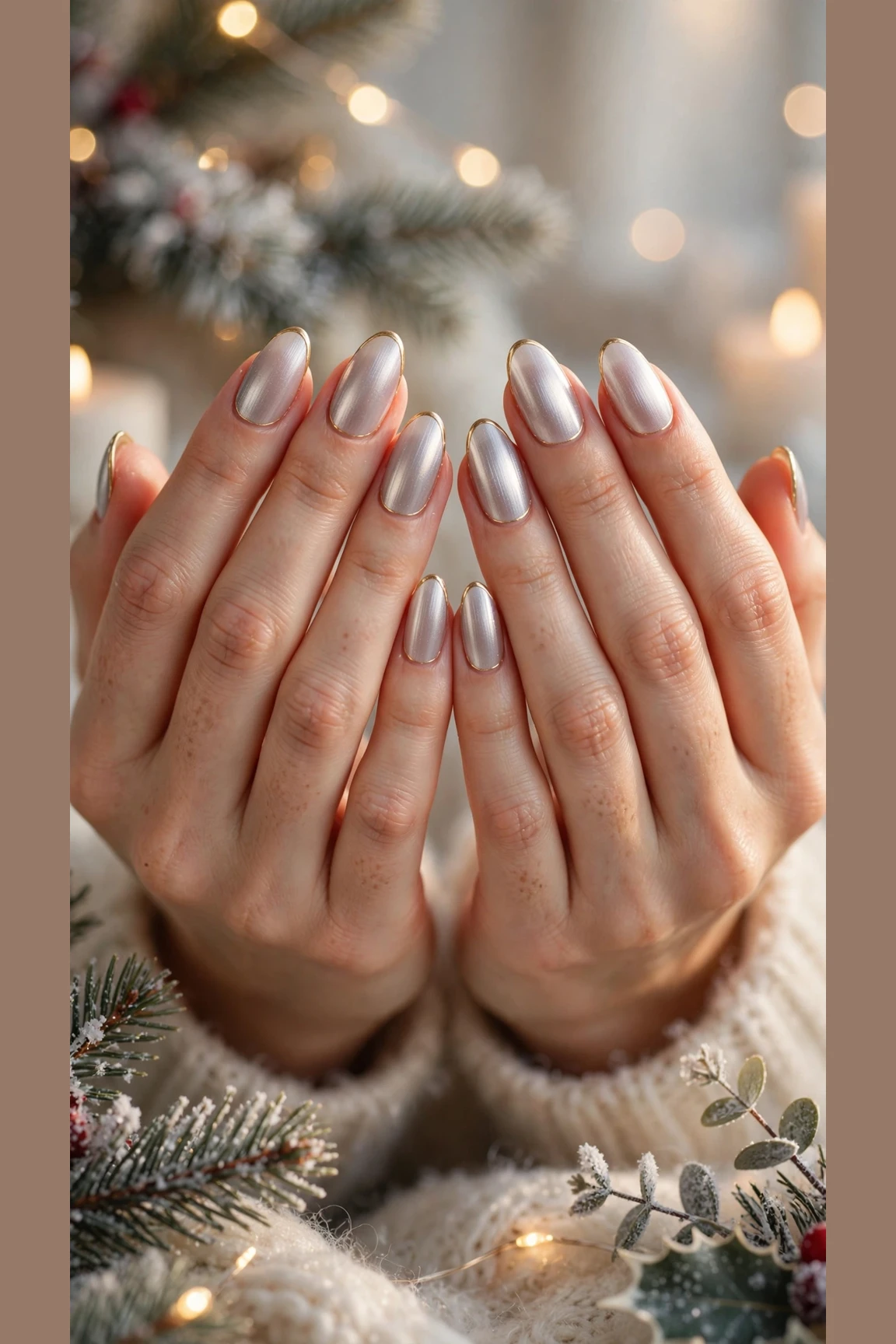 Gold Chrome Nail Designs For Winter Parties With Short Oval Nails On Almond Nails With A Soft Brushed Chrome Glow And A Thin Gold French Edge