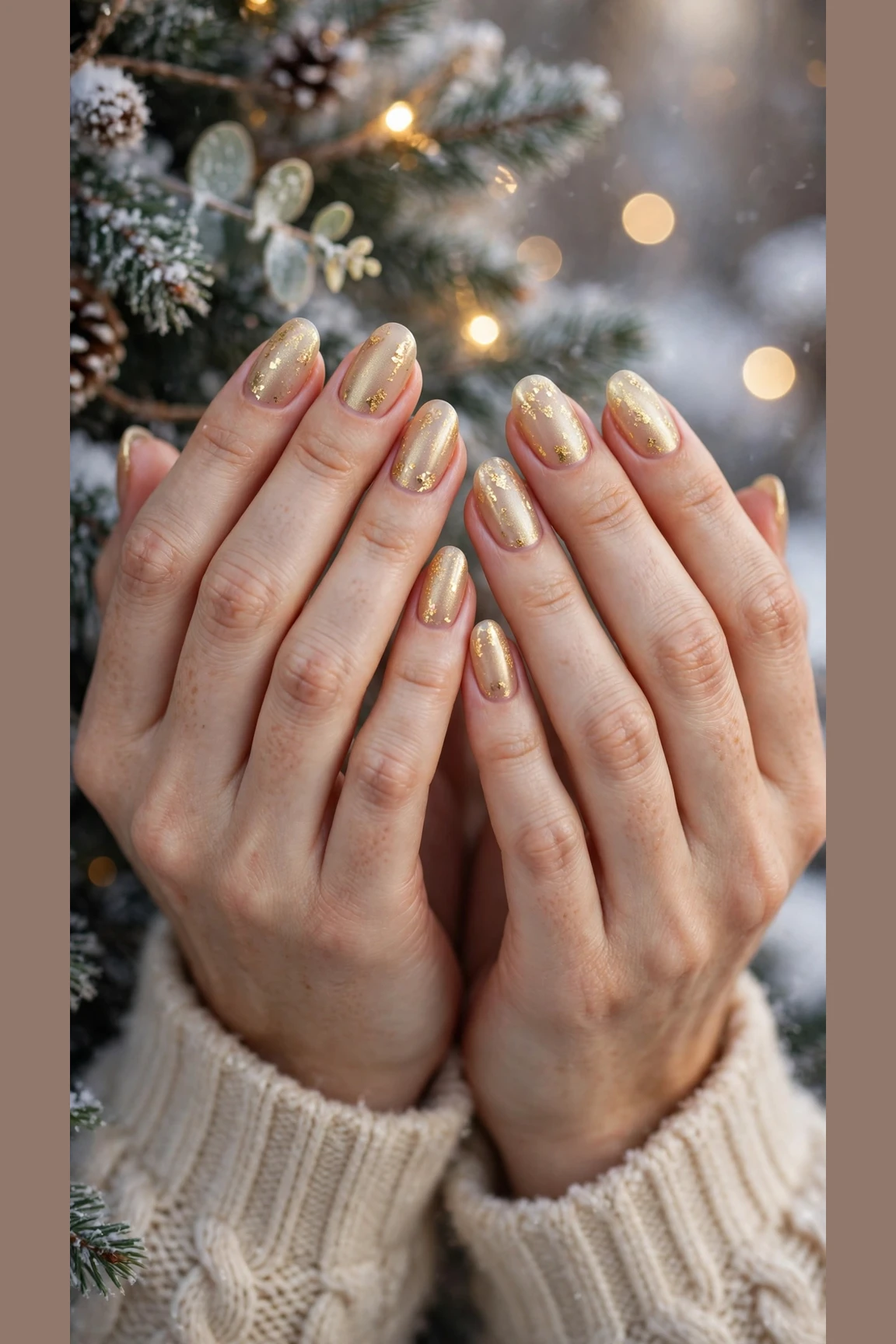 Gold Chrome Nail Designs For Winter Parties With Short Oval Nails On Medium Almond Nails With A Frosted Gold Glow And Delicate Gold Foil Flakes