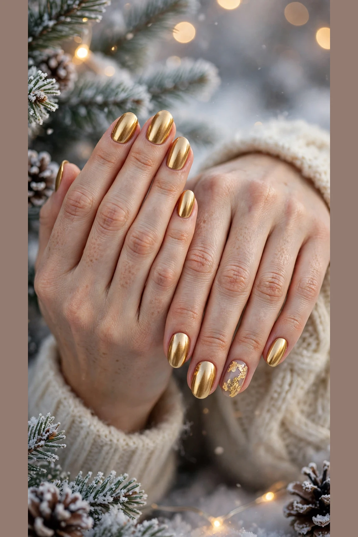 Gold Chrome Nail Designs For Winter Parties With Short Oval Nails On Natural Oval Nails With A Molten Gold Finish And A Single Gold Leaf Accent Nail