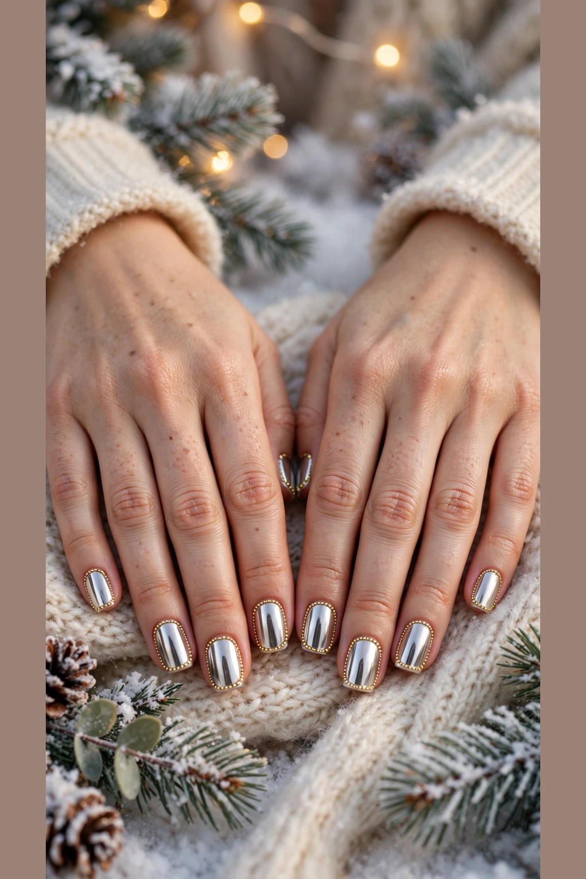 Gold Chrome Nail Designs For Winter Parties With Short Oval Nails On Soft Square Nails With A High-Shine Chrome Finish And Gold Micro-Bead Details