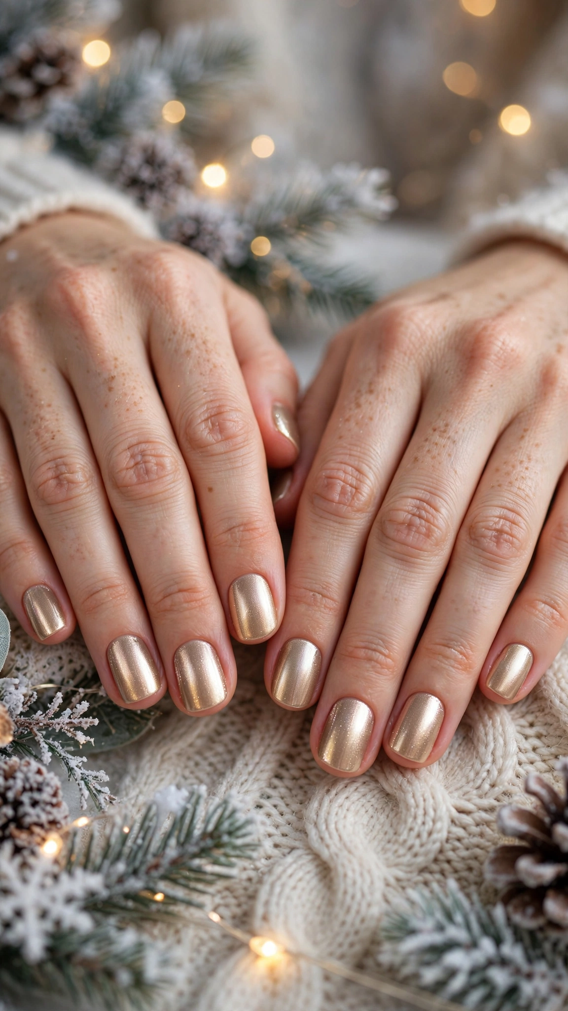 Gold Chrome Nail Designs For Winter Parties With Short Oval Nails On Short Squoval Nails With A Liquid-Metal Shine And A Champagne Shimmer Accent
