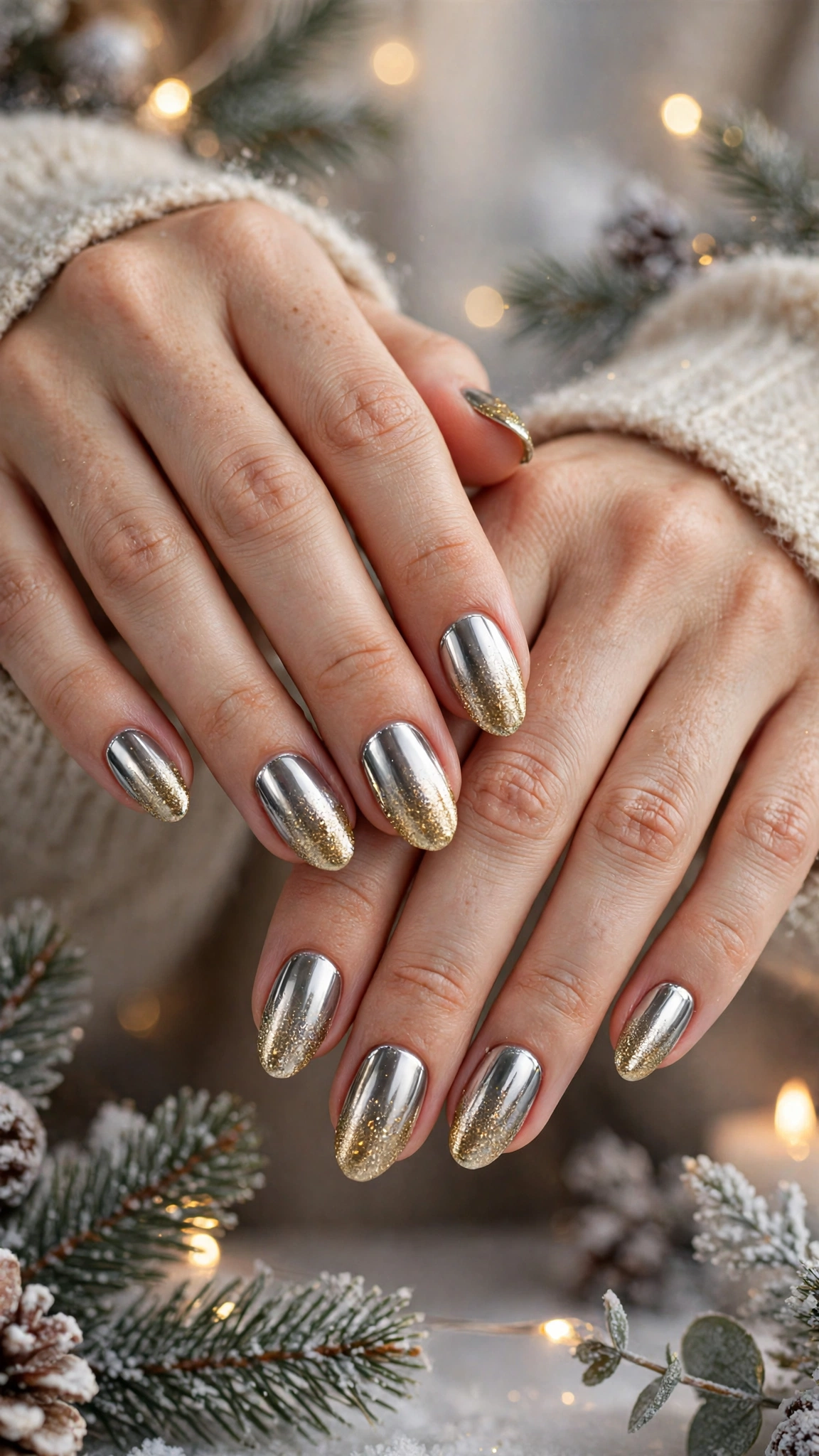 Gold Chrome Nail Designs For Winter Parties With Short Oval Nails On Rounded Nails With A Luxe Polished Chrome And A Gold Glitter Gradient Tip
