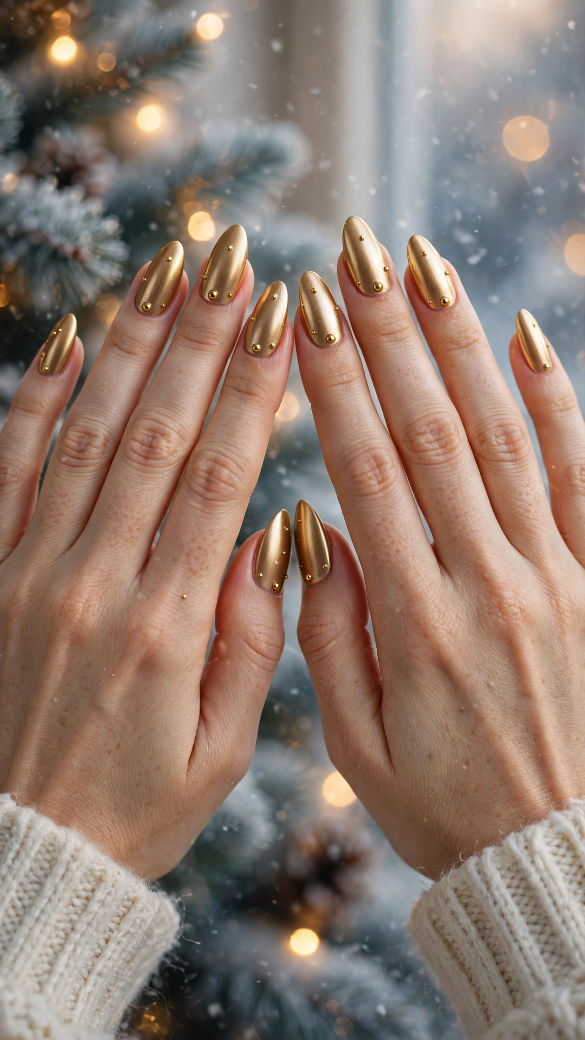Gold Chrome Nail Designs For Winter Parties With Short Oval Nails On Long Almond Nails With A Satin Chrome Effect And Tiny Gold Stud Details