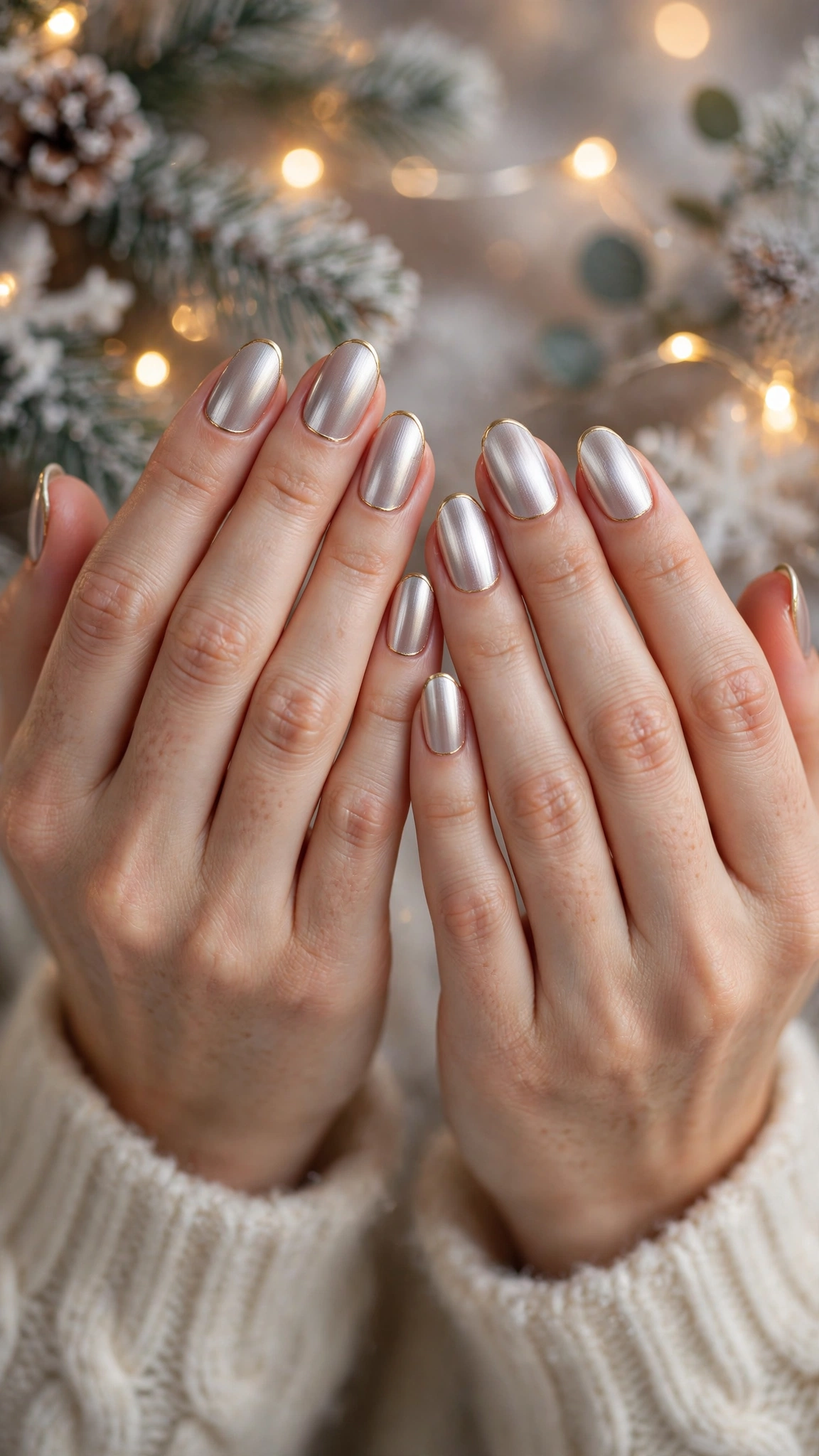 Gold Chrome Nail Designs For Winter Parties With Short Oval Nails On Almond Nails With A Soft Brushed Chrome Glow And A Thin Gold French Edge (Variation 33)