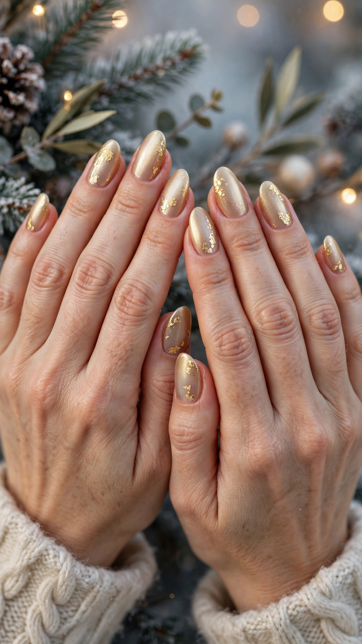 Gold Chrome Nail Designs For Winter Parties With Short Oval Nails On Medium Almond Nails With A Frosted Gold Glow And Delicate Gold Foil Flakes (Variation 34)