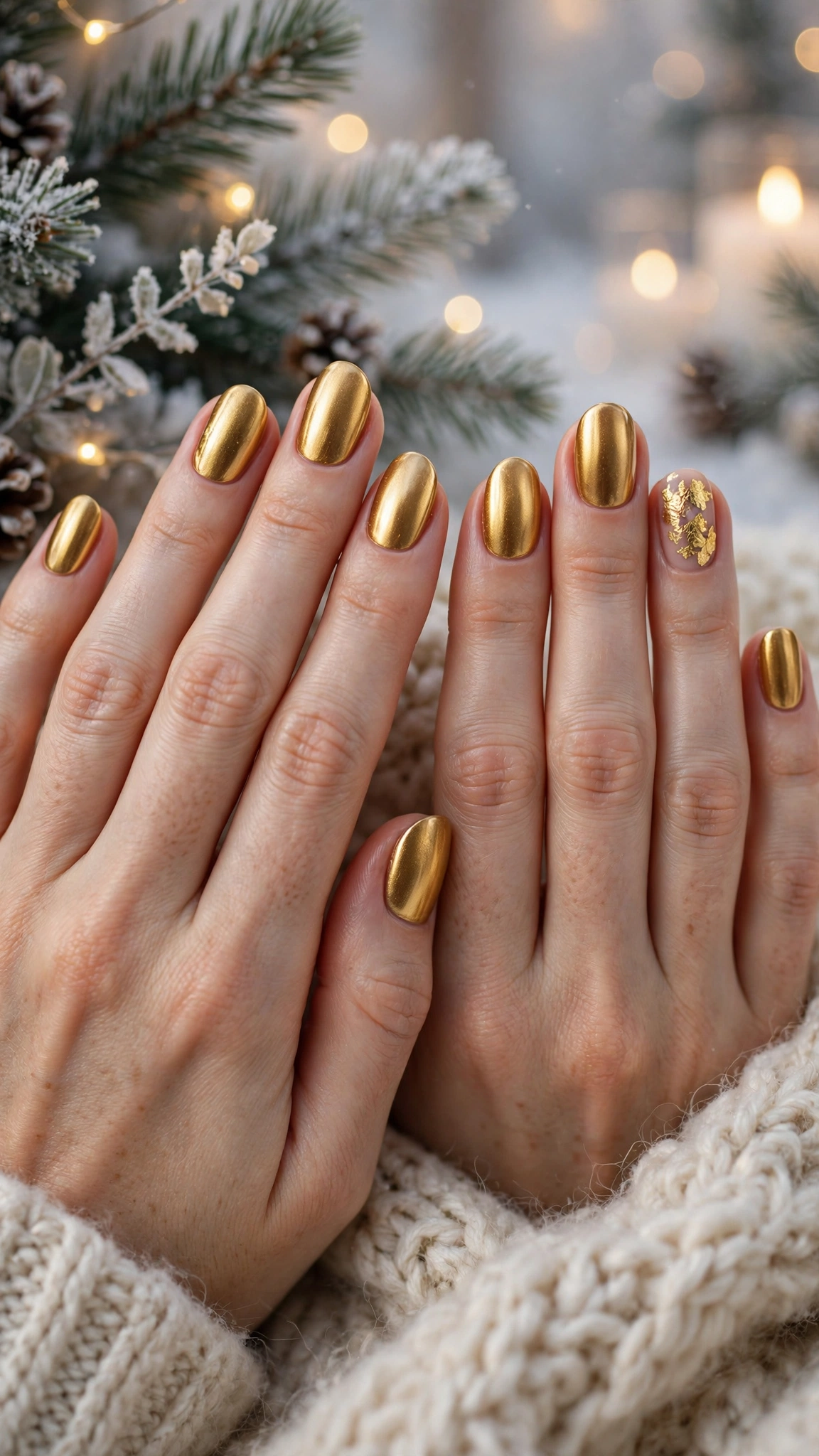 Gold Chrome Nail Designs For Winter Parties With Short Oval Nails On Natural Oval Nails With A Molten Gold Finish And A Single Gold Leaf Accent Nail (Variation 35)
