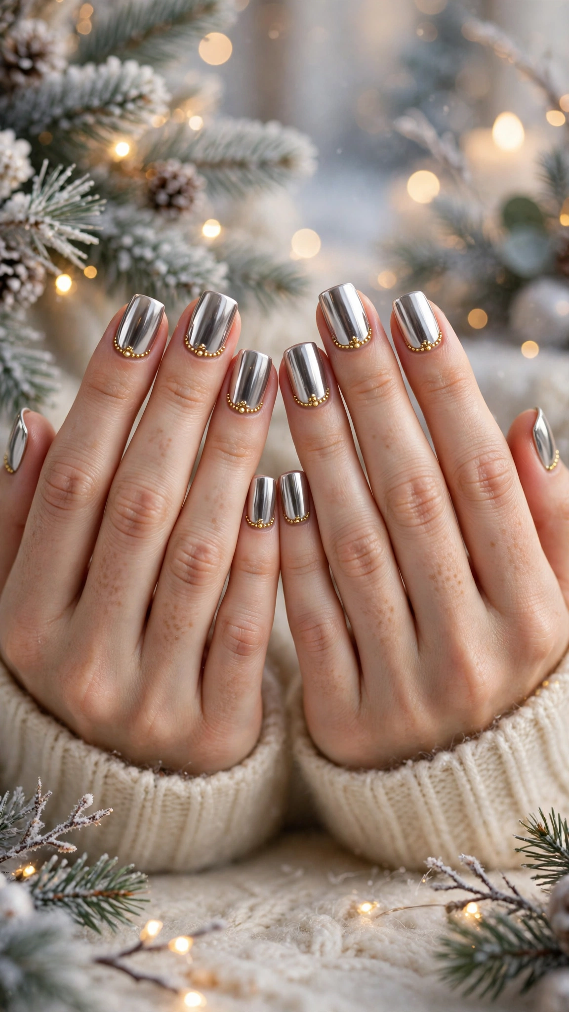 Gold Chrome Nail Designs For Winter Parties With Short Oval Nails On Soft Square Nails With A High-Shine Chrome Finish And Gold Micro-Bead Details (Variation 36)
