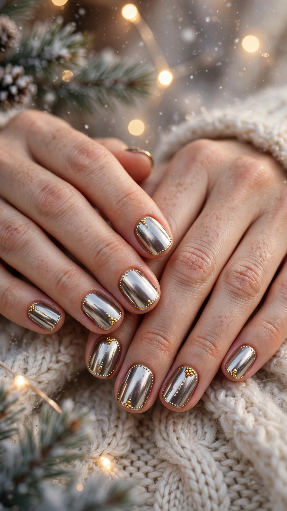 Gold Chrome Nail Designs For Winter Parties With Short Oval Nails On Short Squoval Nails With A Liquid-Metal Shine And Gold Micro-Bead Details