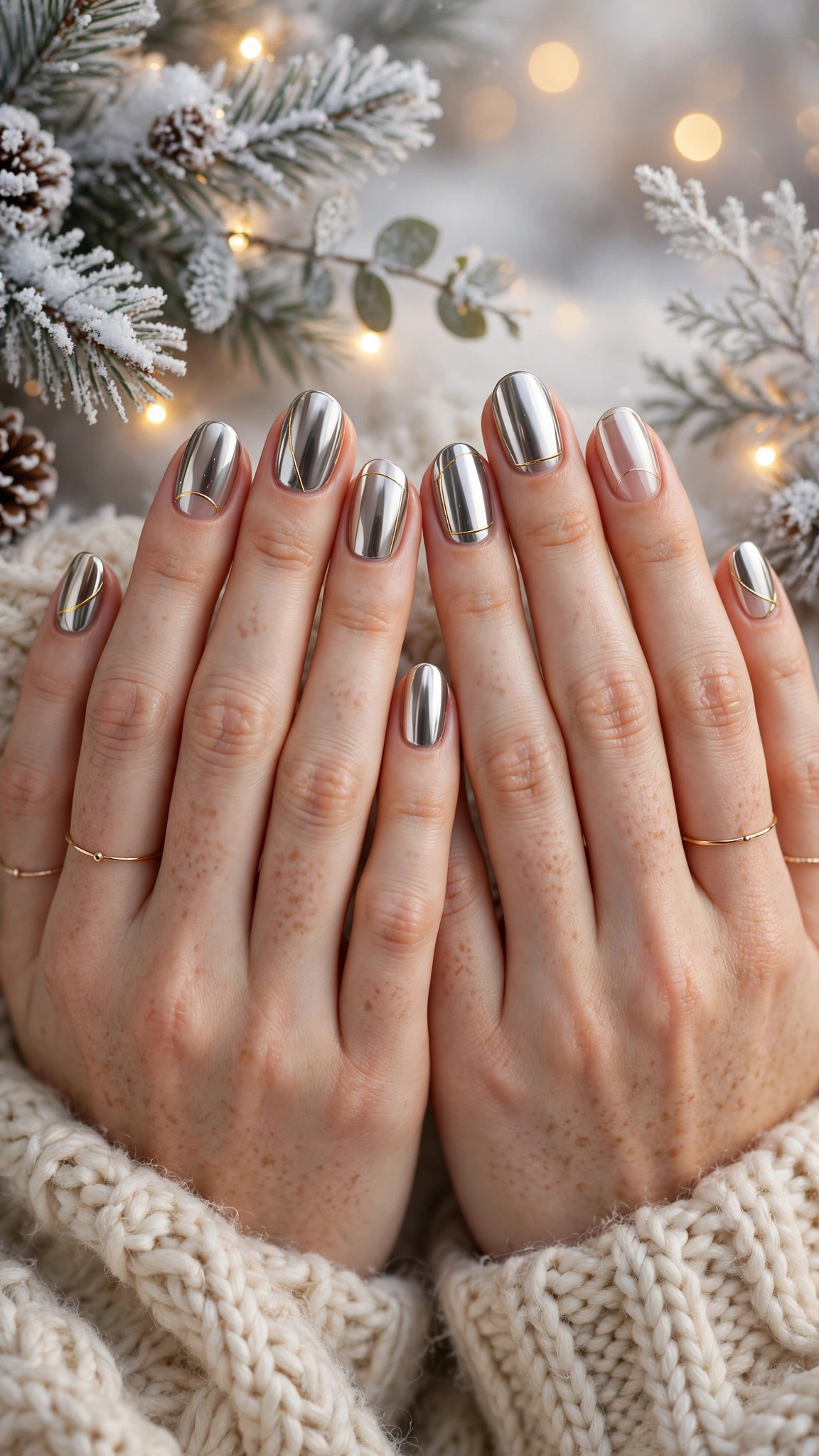Gold Chrome Nail Designs For Winter Parties With Short Oval Nails On Rounded Nails With A Luxe Polished Chrome And Minimal Gold Line Art