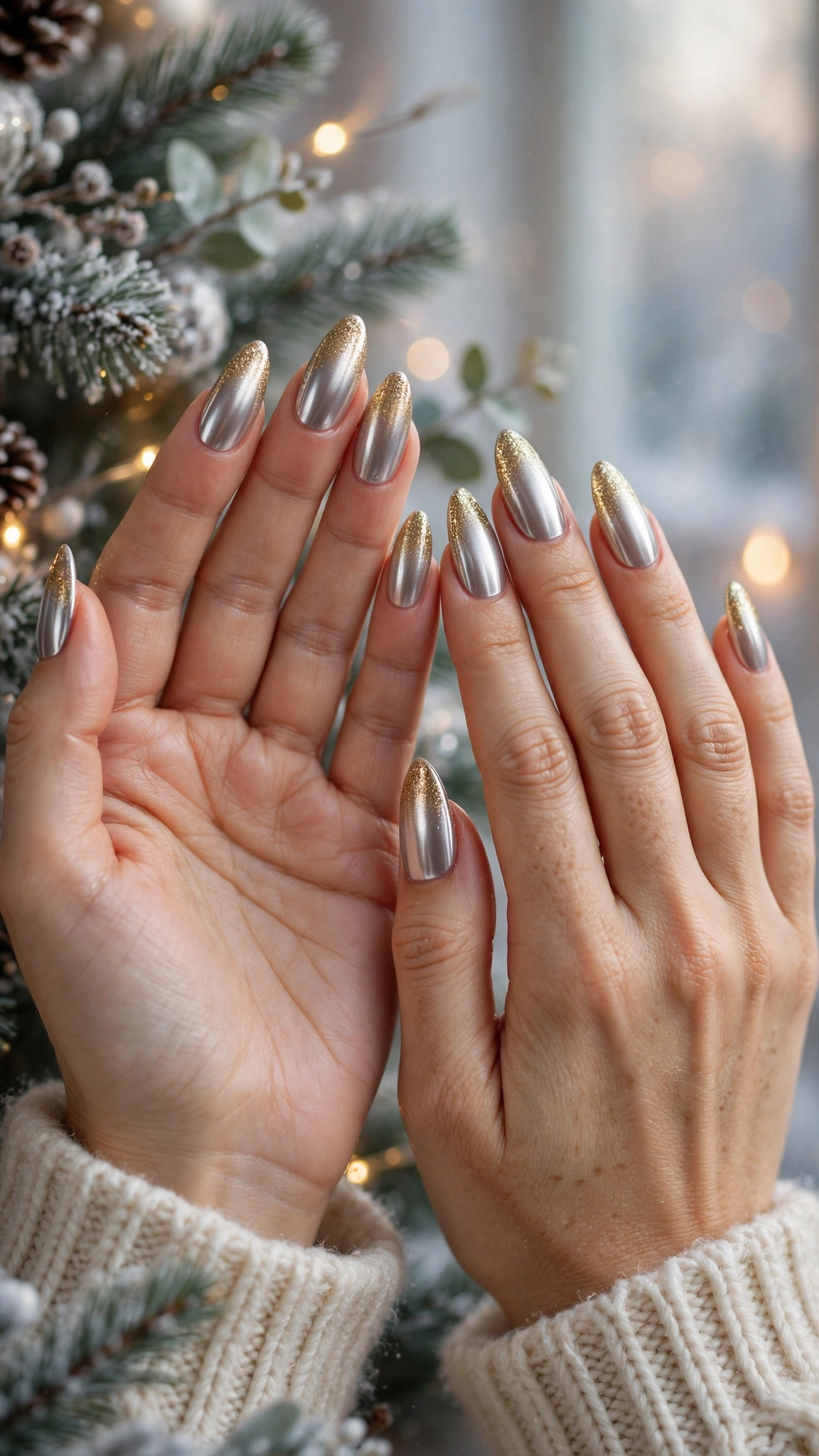 Gold Chrome Nail Designs For Winter Parties With Short Oval Nails On Long Almond Nails With A Satin Chrome Effect And A Gold Glitter Gradient Tip
