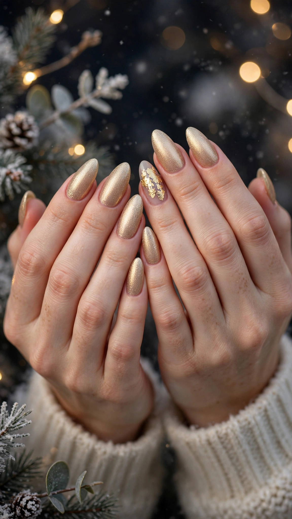 Gold Foil Winter Nail Art For Festive Evenings On Long Almond Nails With A Frosted Gold Glow And A Single Gold Leaf Accent Nail