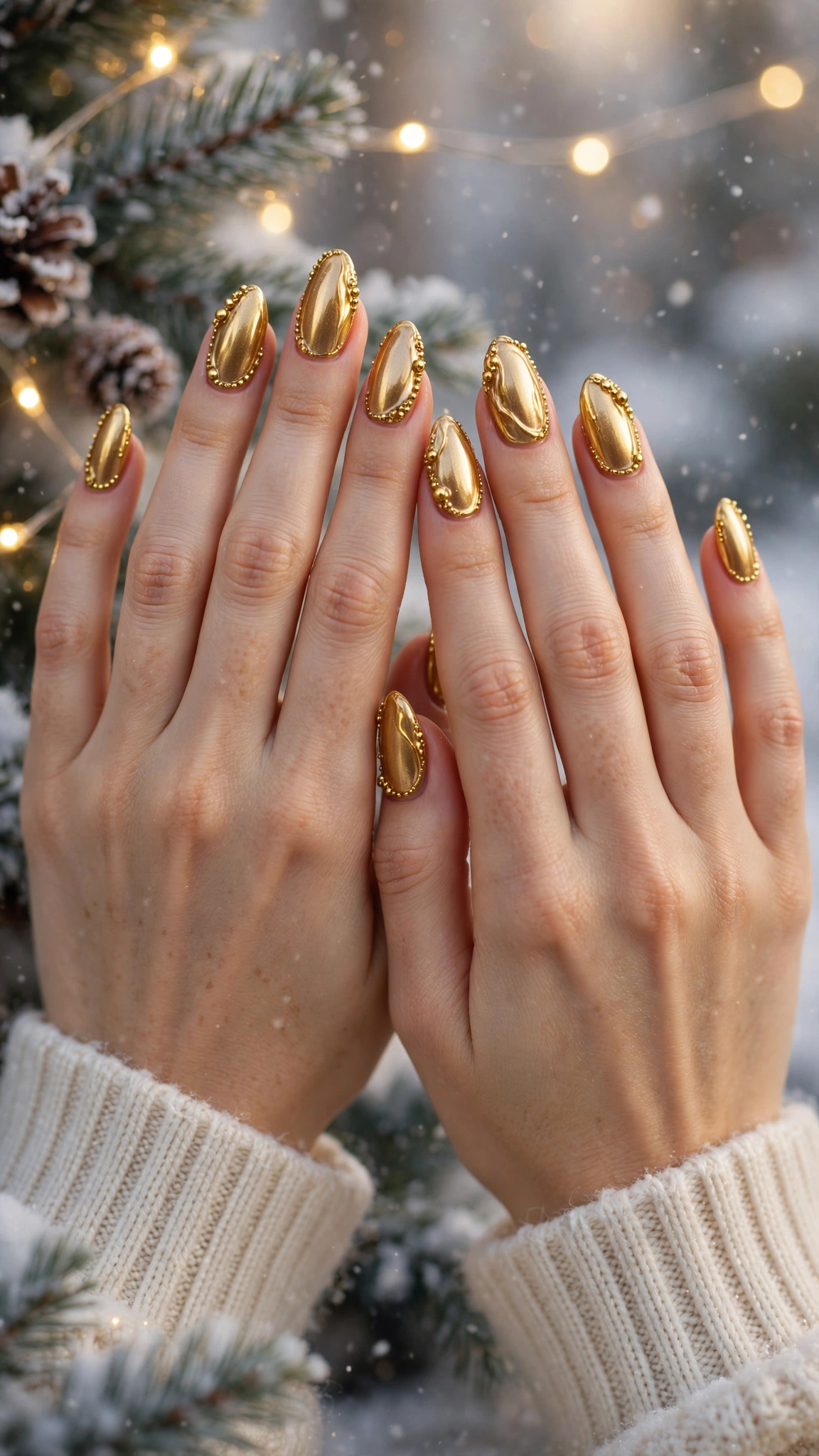 Gold Foil Winter Nail Art For Festive Evenings On Almond Nails With A Molten Gold Finish And Gold Micro-Bead Details