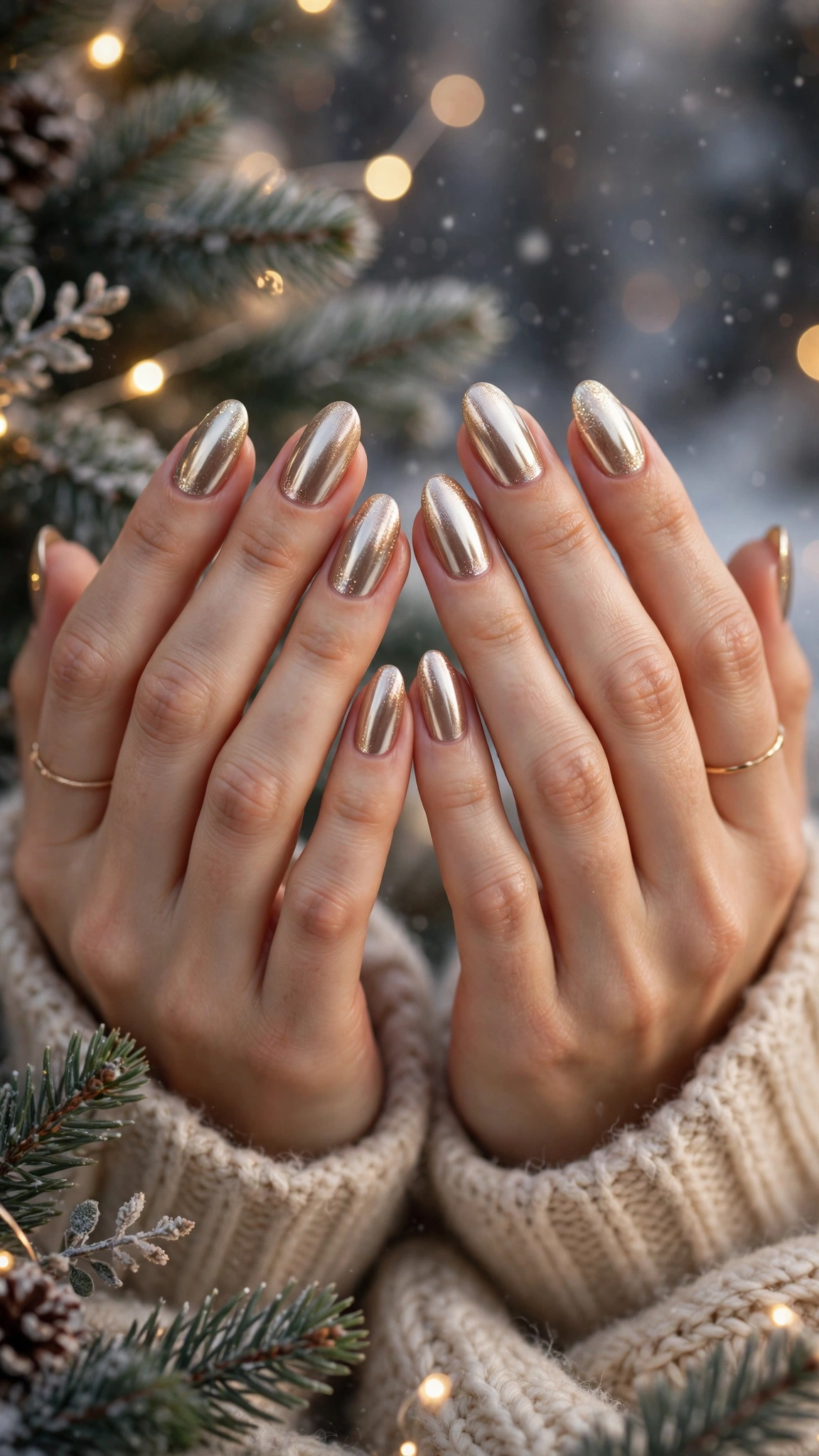 Gold Foil Winter Nail Art For Festive Evenings On Medium Almond Nails With A High-Shine Chrome Finish And A Champagne Shimmer Accent