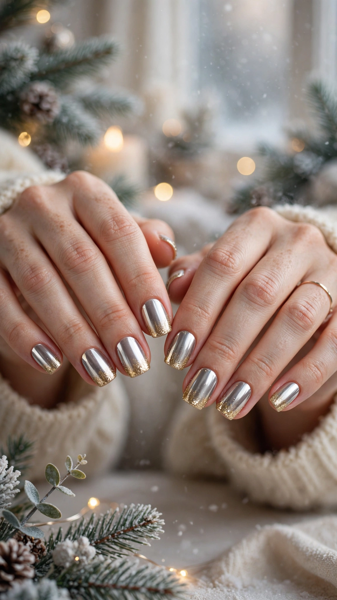Gold Foil Winter Nail Art For Festive Evenings On Soft Square Nails With Mirror Chrome Shine And A Gold Glitter Gradient Tip