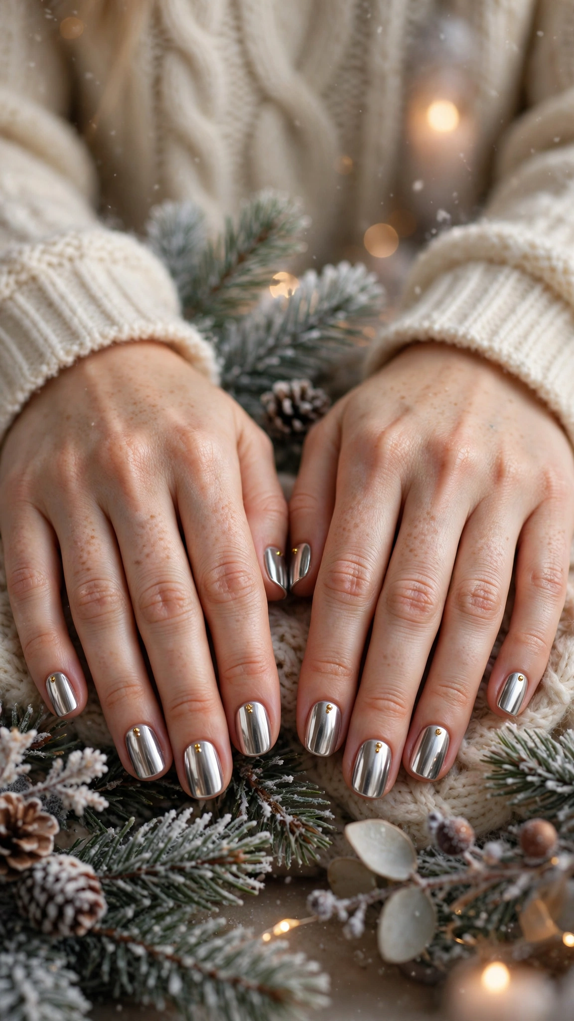 Gold Foil Winter Nail Art For Festive Evenings On Short Squoval Nails With A Luxe Polished Chrome And Tiny Gold Stud Details