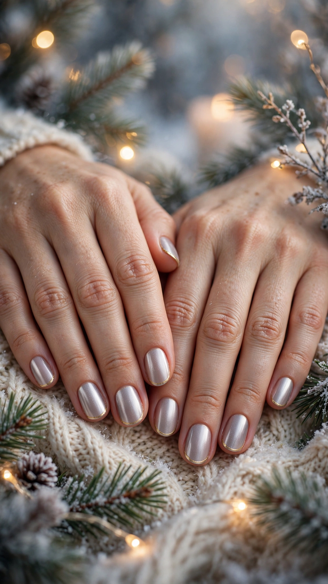 Gold Foil Winter Nail Art For Festive Evenings On Short Oval Nails With A Satin Chrome Effect And A Thin Gold French Edge
