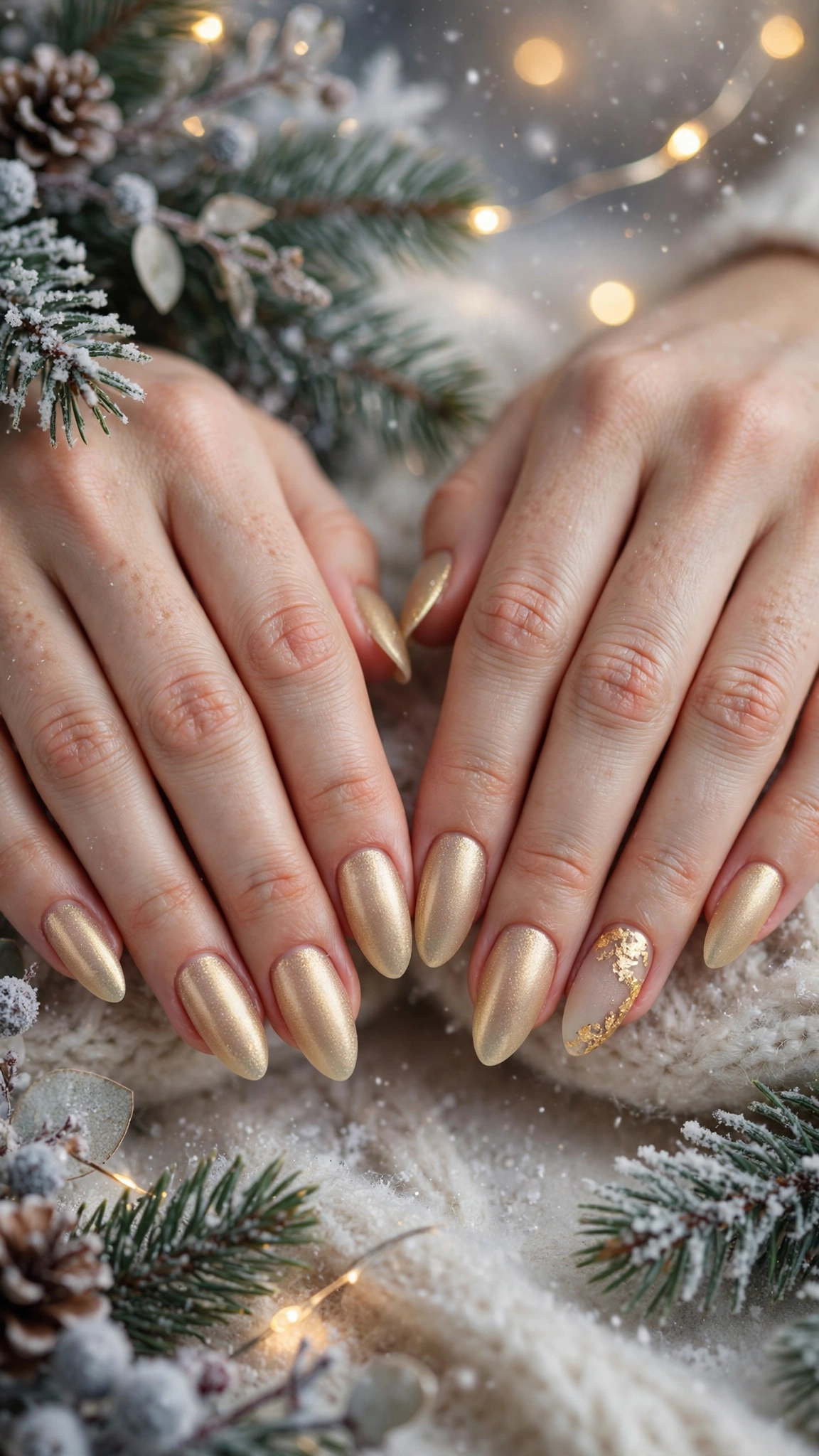 Gold Foil Winter Nail Art For Festive Evenings On Long Almond Nails With A Frosted Gold Glow And A Single Gold Leaf Accent Nail (Variation 9)