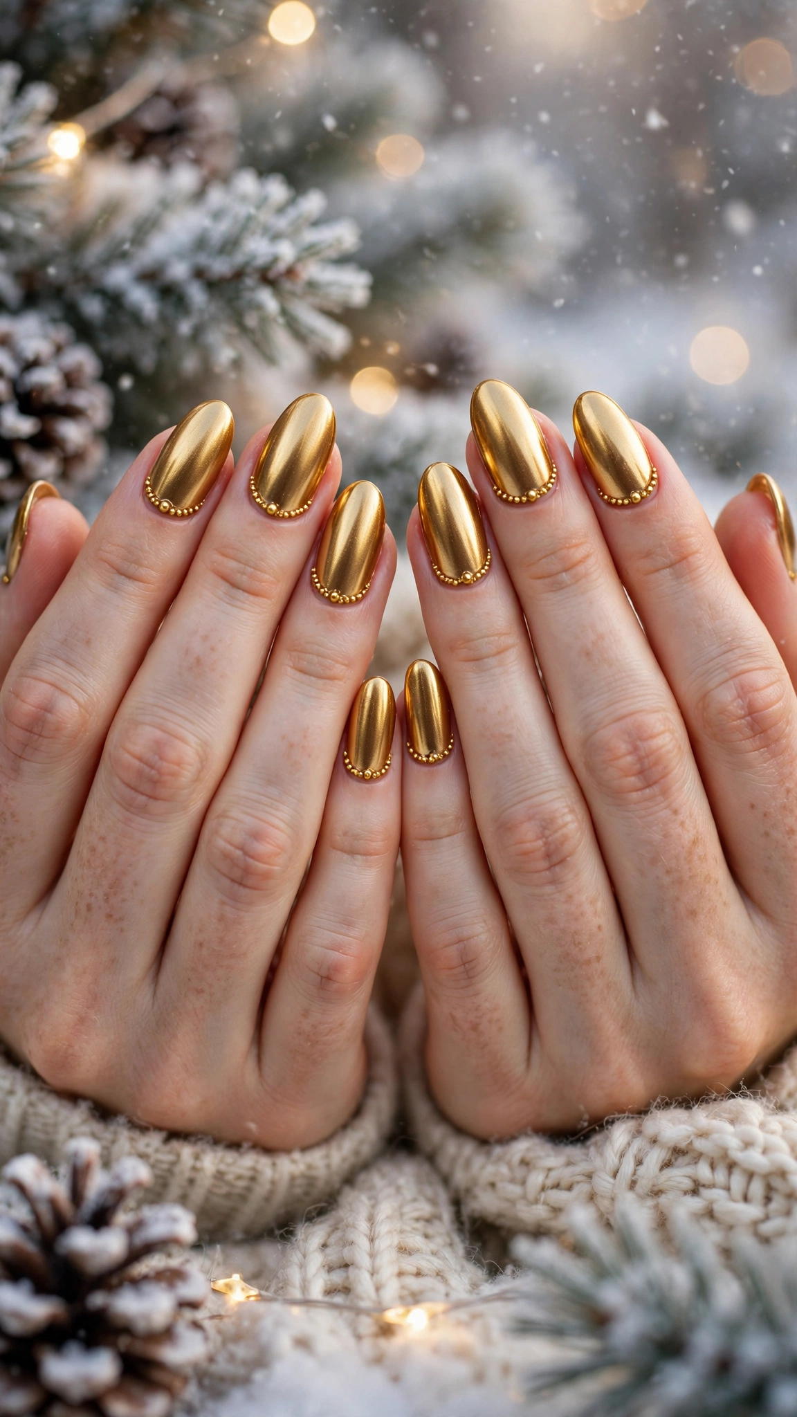 Gold Foil Winter Nail Art For Festive Evenings On Almond Nails With A Molten Gold Finish And Gold Micro-Bead Details (Variation 10)