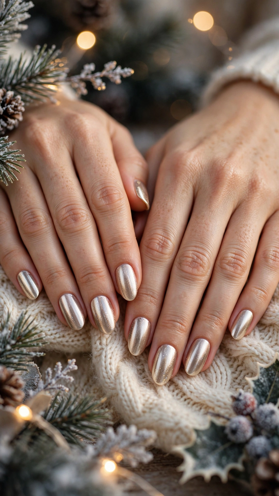 Gold Foil Winter Nail Art For Festive Evenings On Medium Almond Nails With A High-Shine Chrome Finish And A Champagne Shimmer Accent (Variation 11)