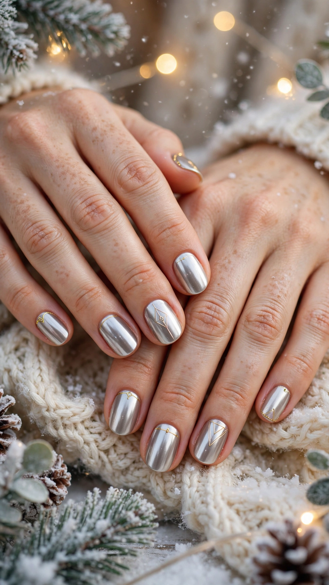 Gold Foil Winter Nail Art For Festive Evenings On Natural Oval Nails With A Liquid-Metal Shine And Minimal Gold Line Art (Variation 12)