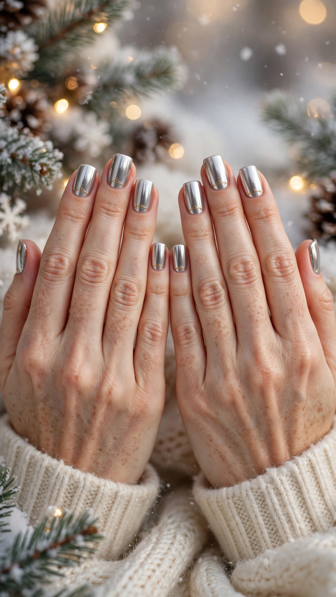 Gold Foil Winter Nail Art For Festive Evenings On Soft Square Nails With Mirror Chrome Shine And Minimal Gold Line Art