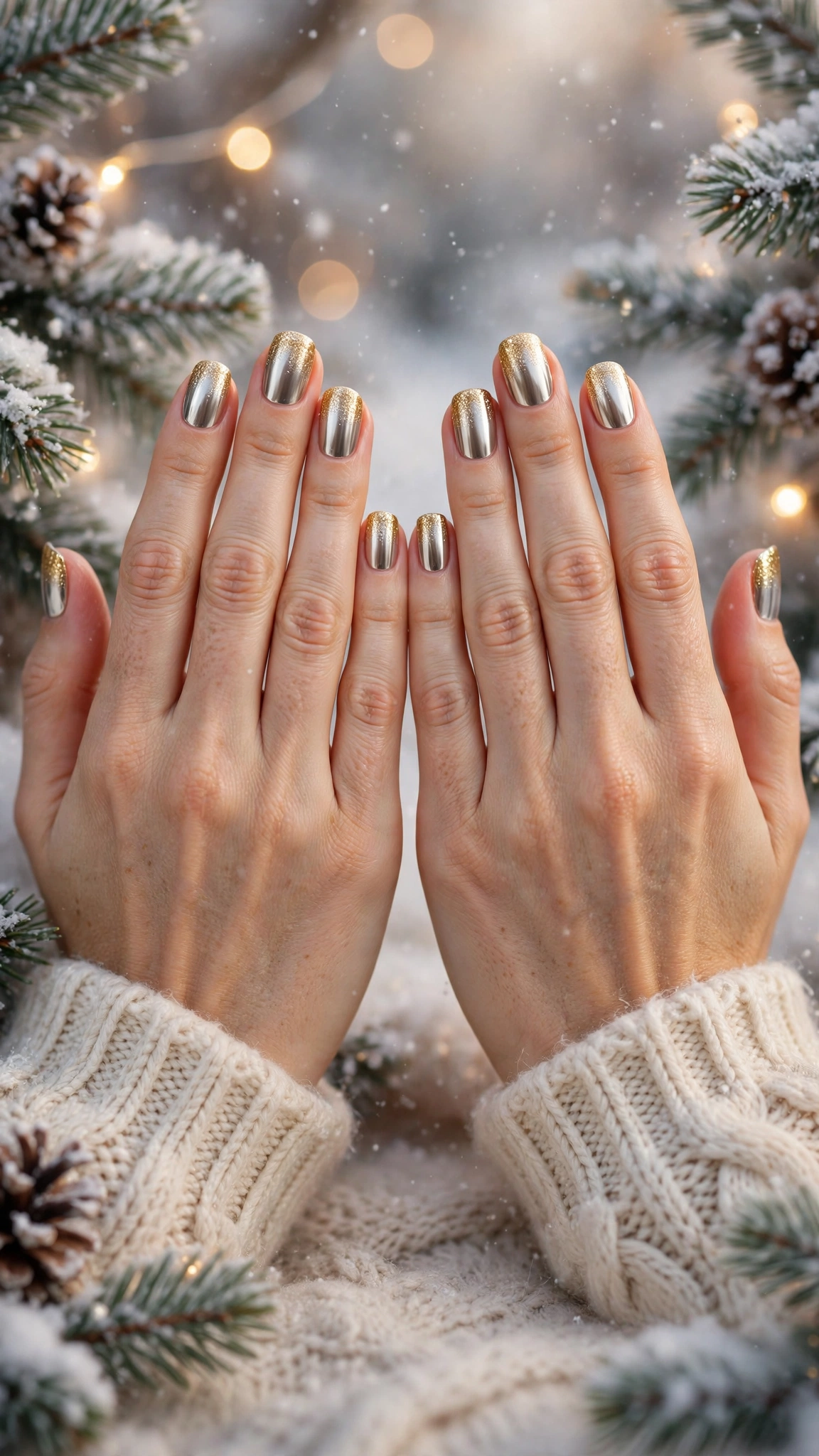 Gold Foil Winter Nail Art For Festive Evenings On Short Squoval Nails With A Luxe Polished Chrome And A Gold Glitter Gradient Tip