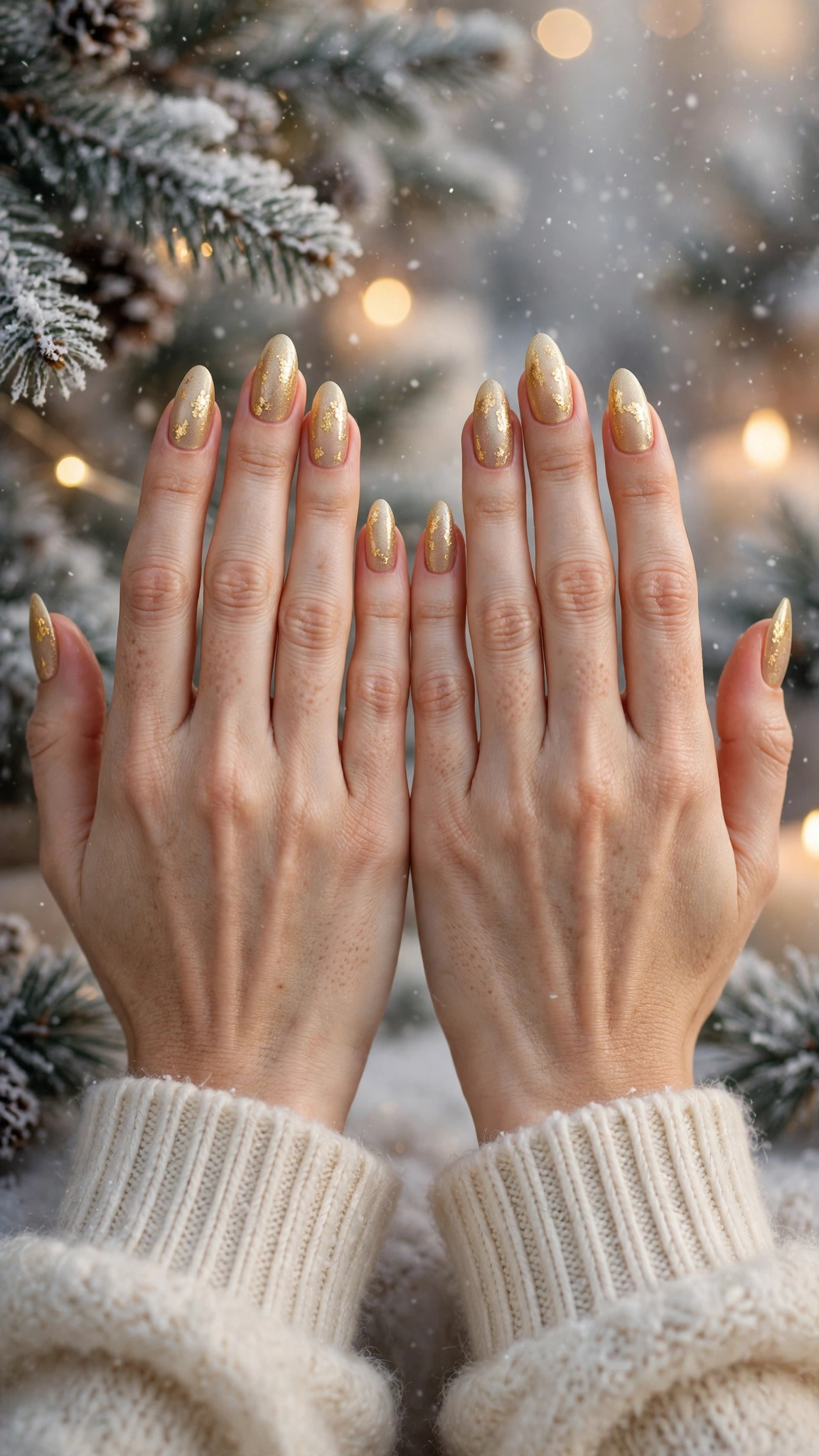 Gold Foil Winter Nail Art For Festive Evenings On Long Almond Nails With A Frosted Gold Glow And Delicate Gold Foil Flakes