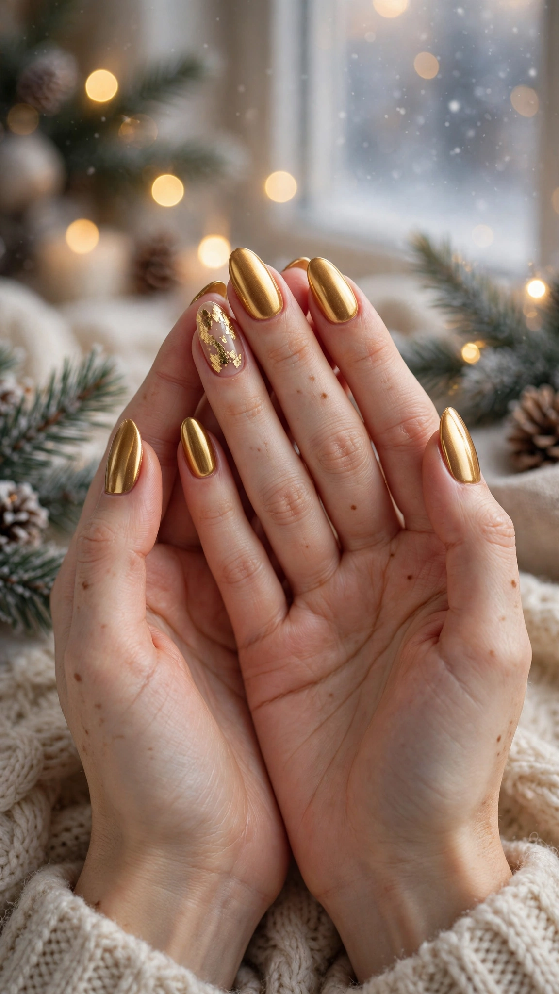 Gold Foil Winter Nail Art For Festive Evenings On Almond Nails With A Molten Gold Finish And A Single Gold Leaf Accent Nail