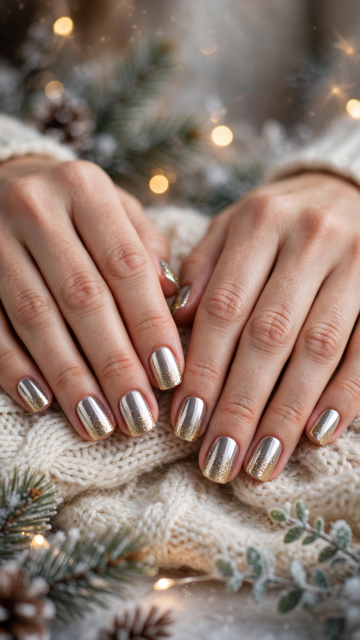 Gold Foil Winter Nail Art For Festive Evenings On Short Squoval Nails With A Luxe Polished Chrome And A Gold Glitter Gradient Tip (Variation 22)