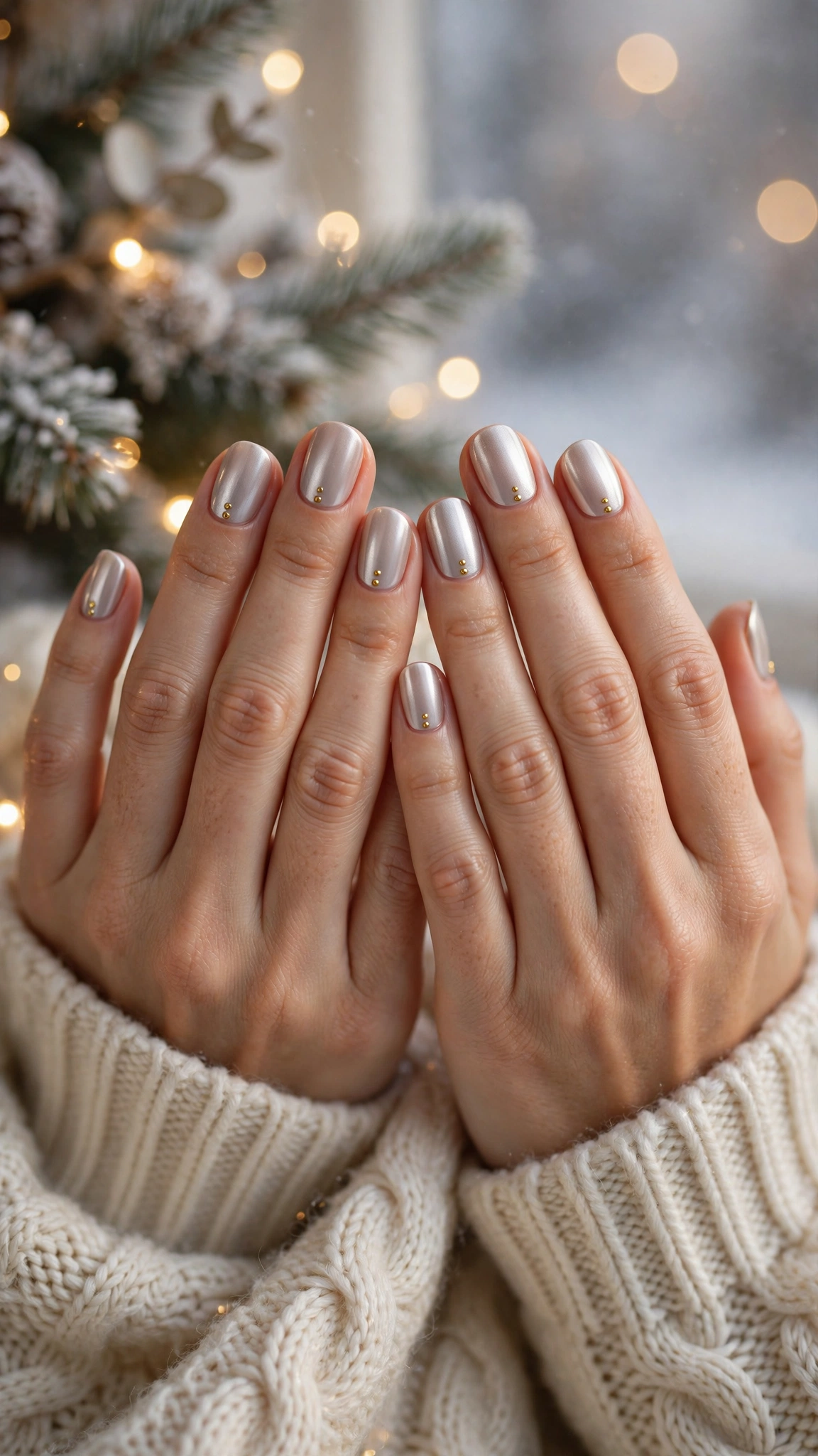 Gold Foil Winter Nail Art For Festive Evenings On Short Oval Nails With A Satin Chrome Effect And Tiny Gold Stud Details (Variation 23)