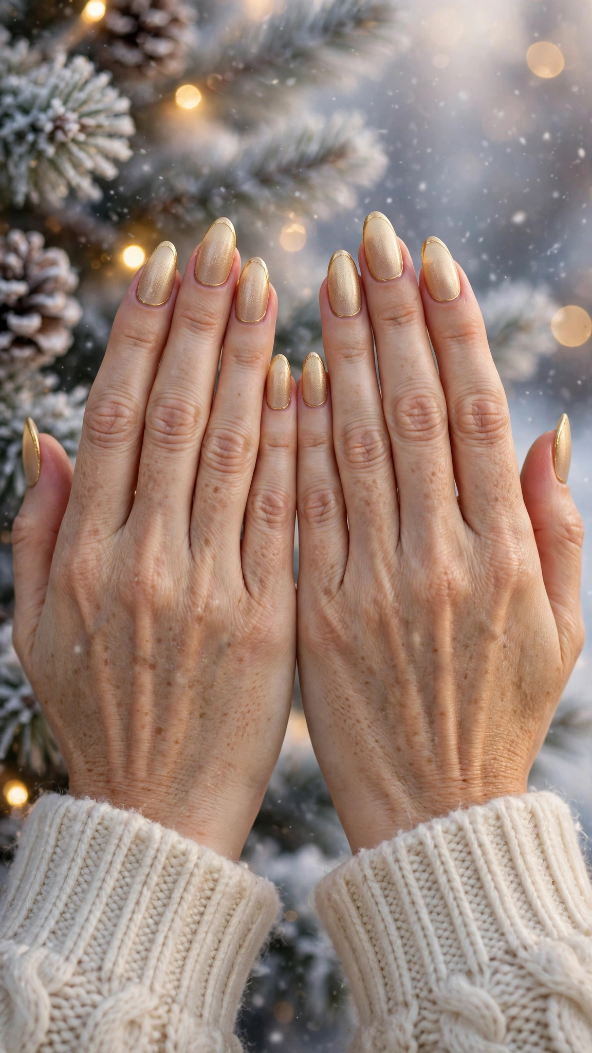 Gold Foil Winter Nail Art For Festive Evenings On Long Almond Nails With A Frosted Gold Glow And A Thin Gold French Edge