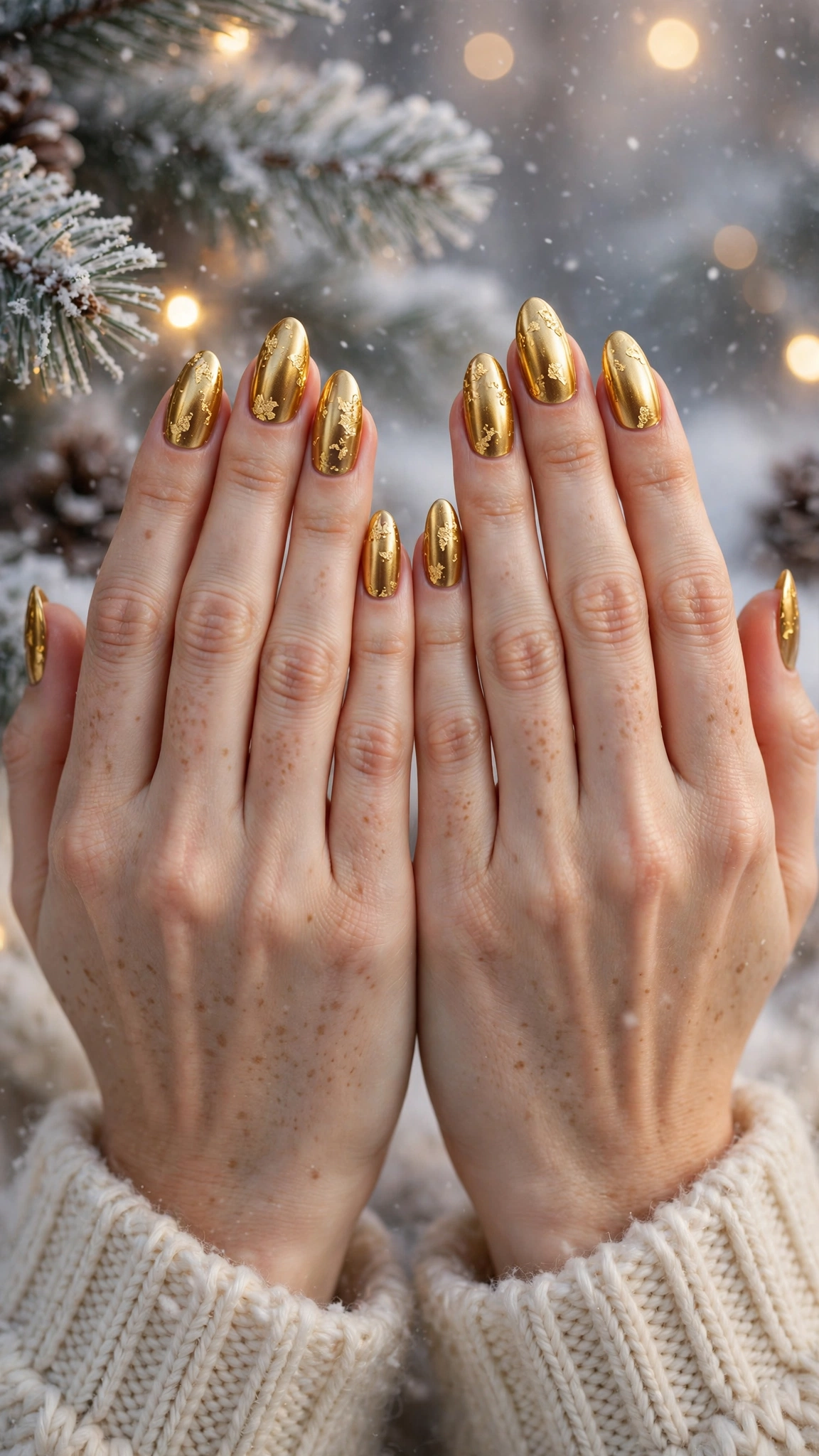 Gold Foil Winter Nail Art For Festive Evenings On Almond Nails With A Molten Gold Finish And Delicate Gold Foil Flakes