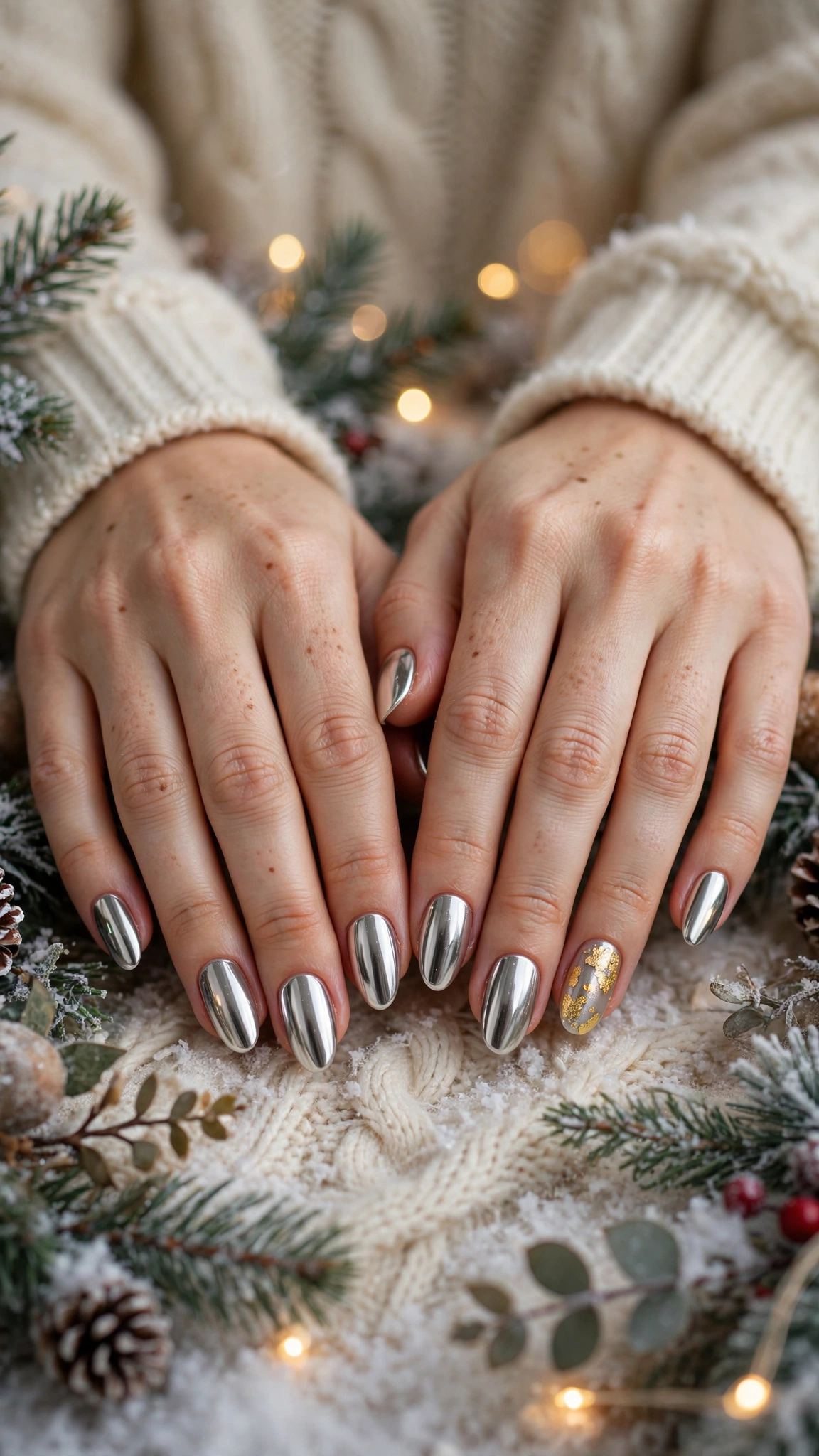 Gold Foil Winter Nail Art For Festive Evenings On Medium Almond Nails With A High-Shine Chrome Finish And A Single Gold Leaf Accent Nail