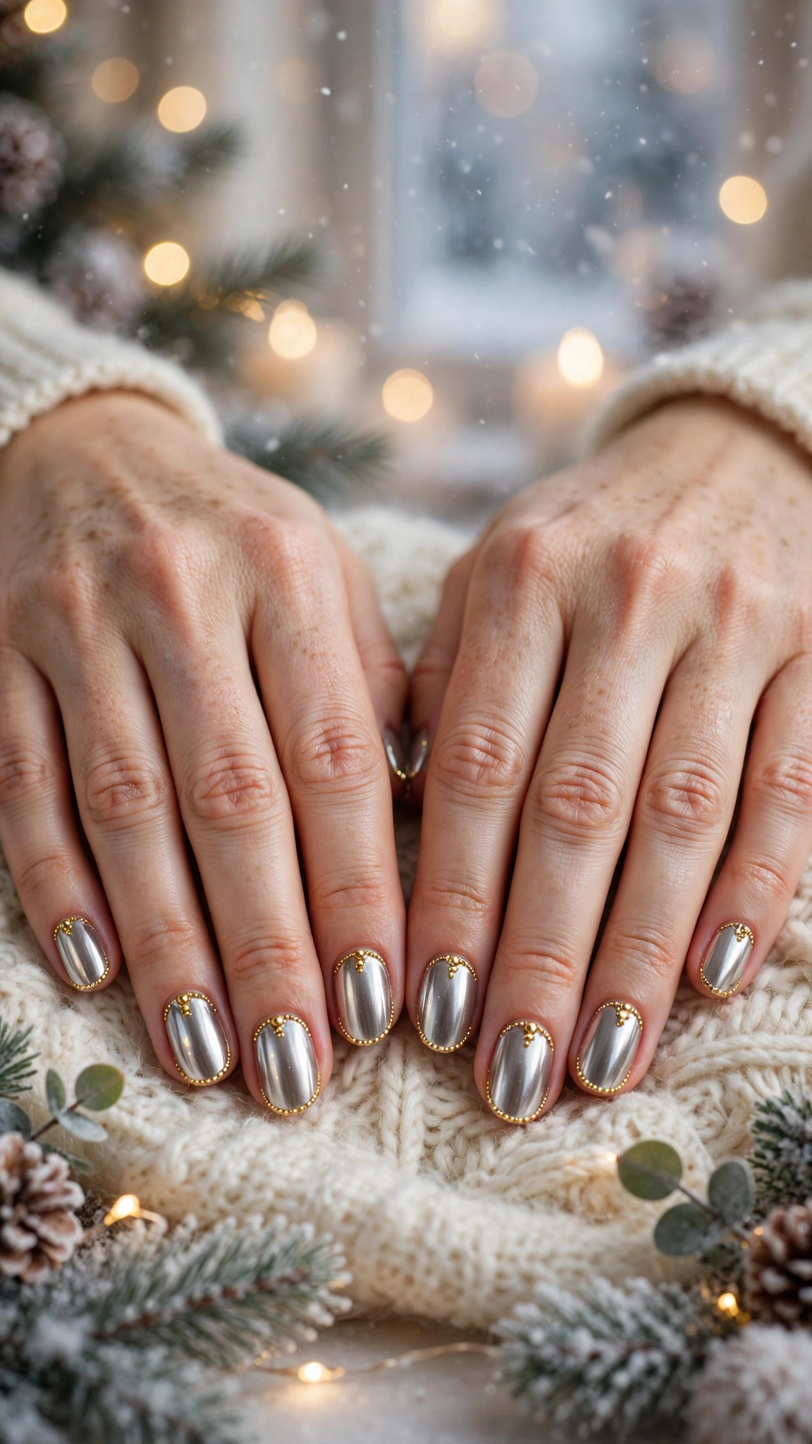 Gold Foil Winter Nail Art For Festive Evenings On Natural Oval Nails With A Liquid-Metal Shine And Gold Micro-Bead Details