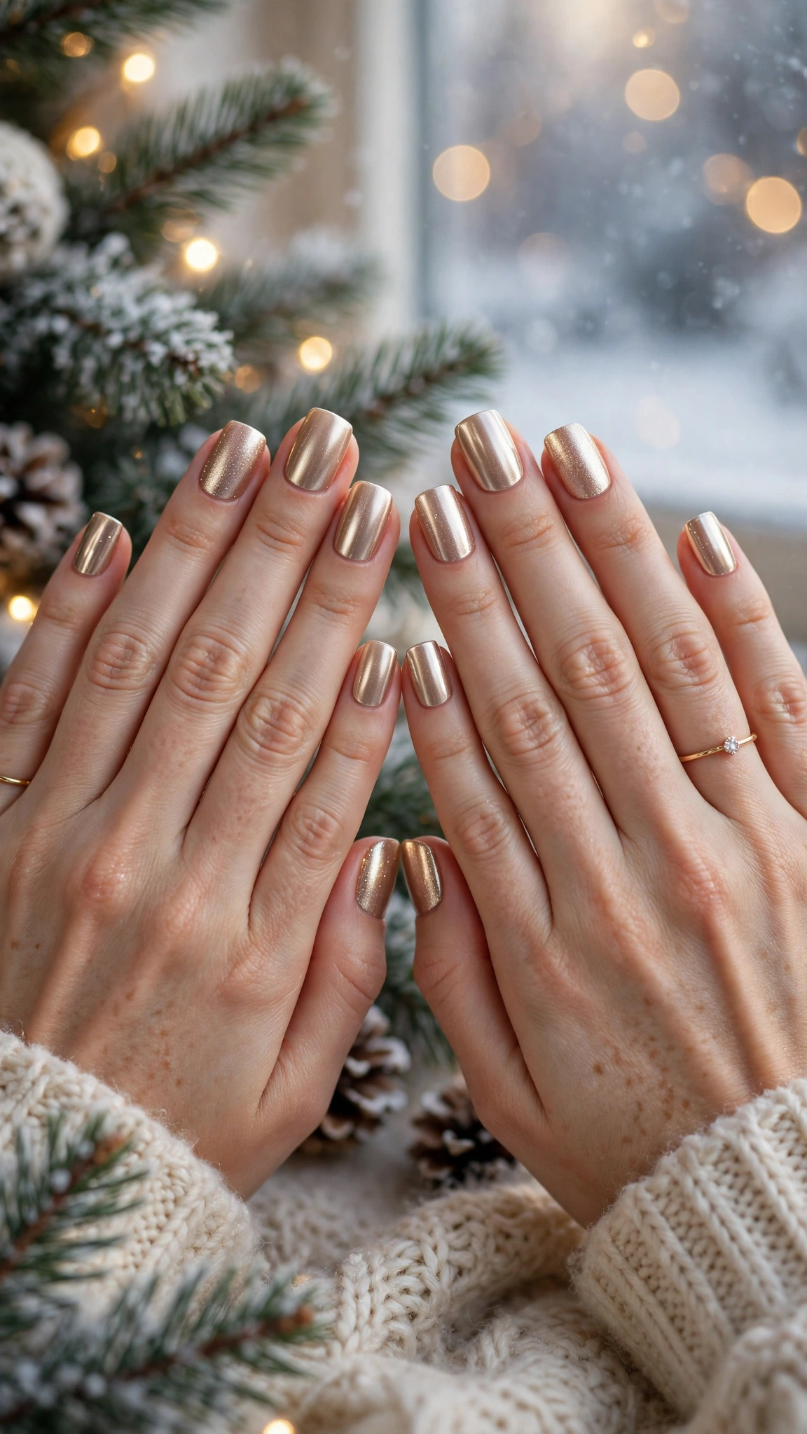 Gold Foil Winter Nail Art For Festive Evenings On Soft Square Nails With Mirror Chrome Shine And A Champagne Shimmer Accent