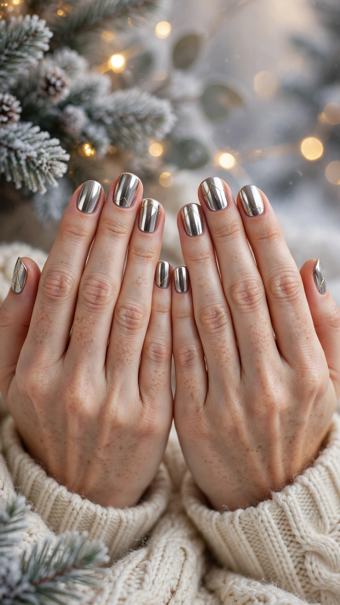 Gold Foil Winter Nail Art For Festive Evenings On Short Squoval Nails With A Luxe Polished Chrome And Minimal Gold Line Art