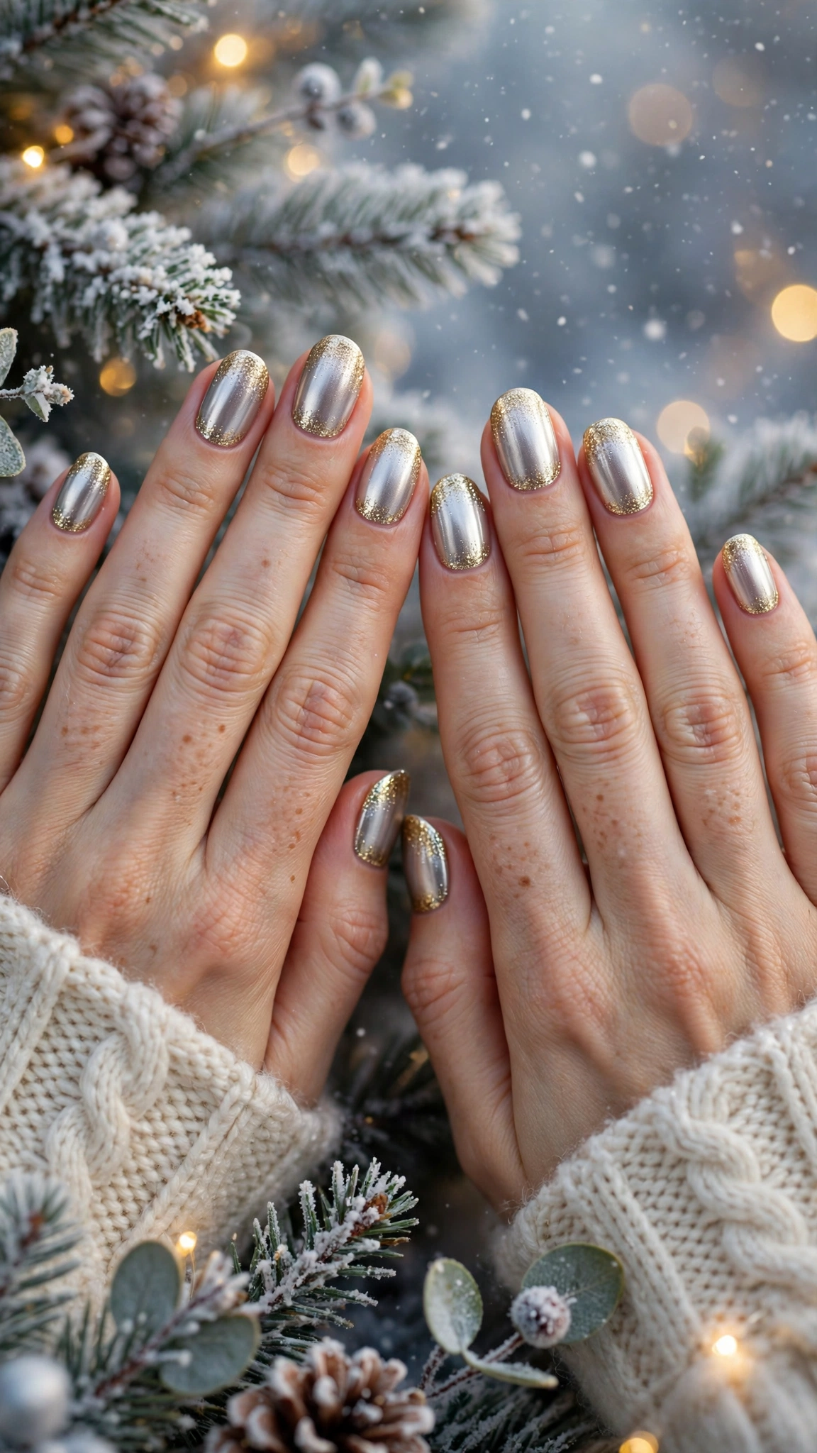 Gold Foil Winter Nail Art For Festive Evenings On Short Oval Nails With A Satin Chrome Effect And A Gold Glitter Gradient Tip