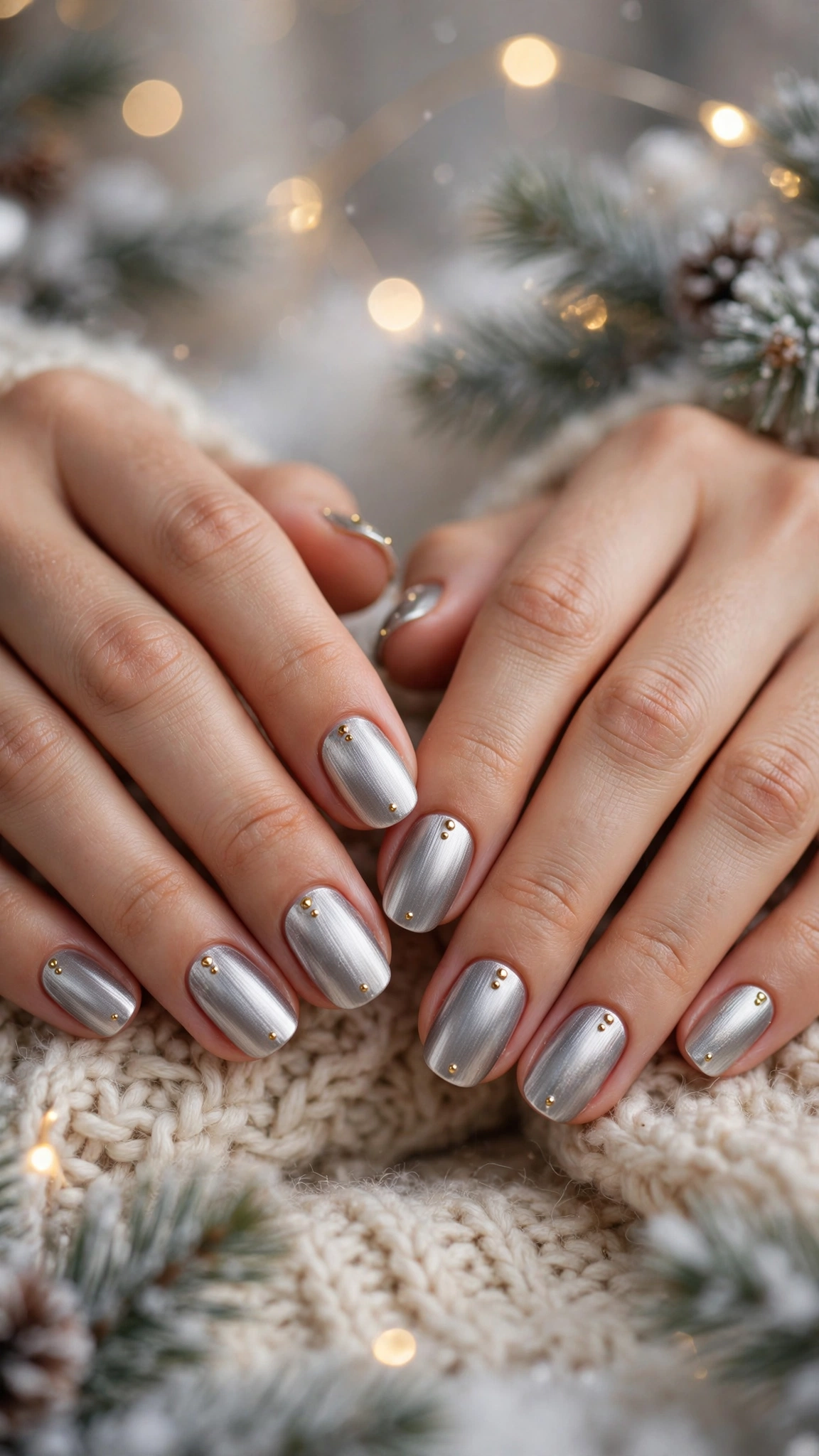 Gold Foil Winter Nail Art For Festive Evenings On Rounded Nails With A Soft Brushed Chrome Glow And Tiny Gold Stud Details