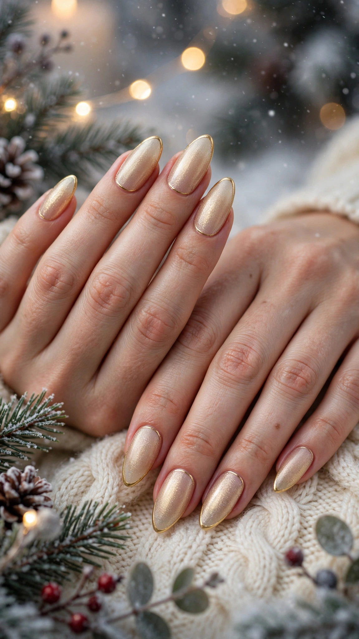 Gold Foil Winter Nail Art For Festive Evenings On Long Almond Nails With A Frosted Gold Glow And A Thin Gold French Edge (Variation 33)