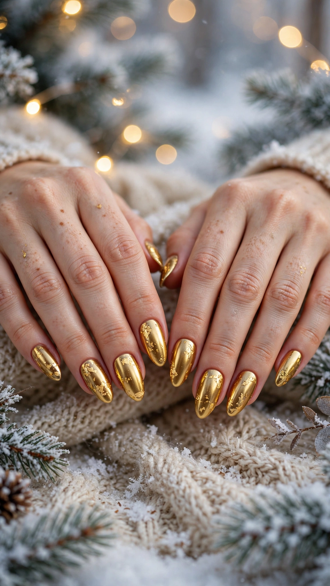 Gold Foil Winter Nail Art For Festive Evenings On Almond Nails With A Molten Gold Finish And Delicate Gold Foil Flakes (Variation 34)