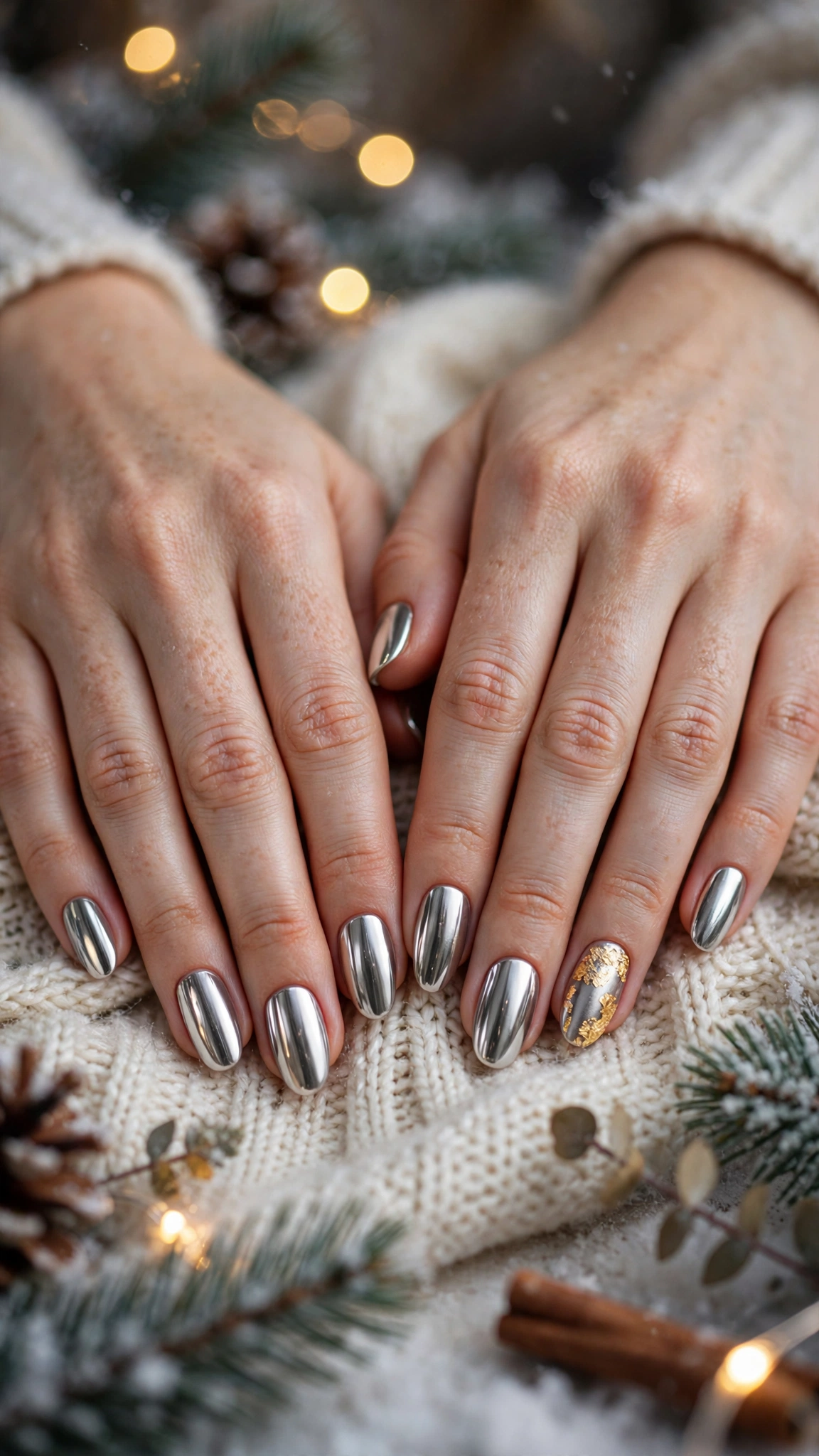Gold Foil Winter Nail Art For Festive Evenings On Medium Almond Nails With A High-Shine Chrome Finish And A Single Gold Leaf Accent Nail (Variation 35)