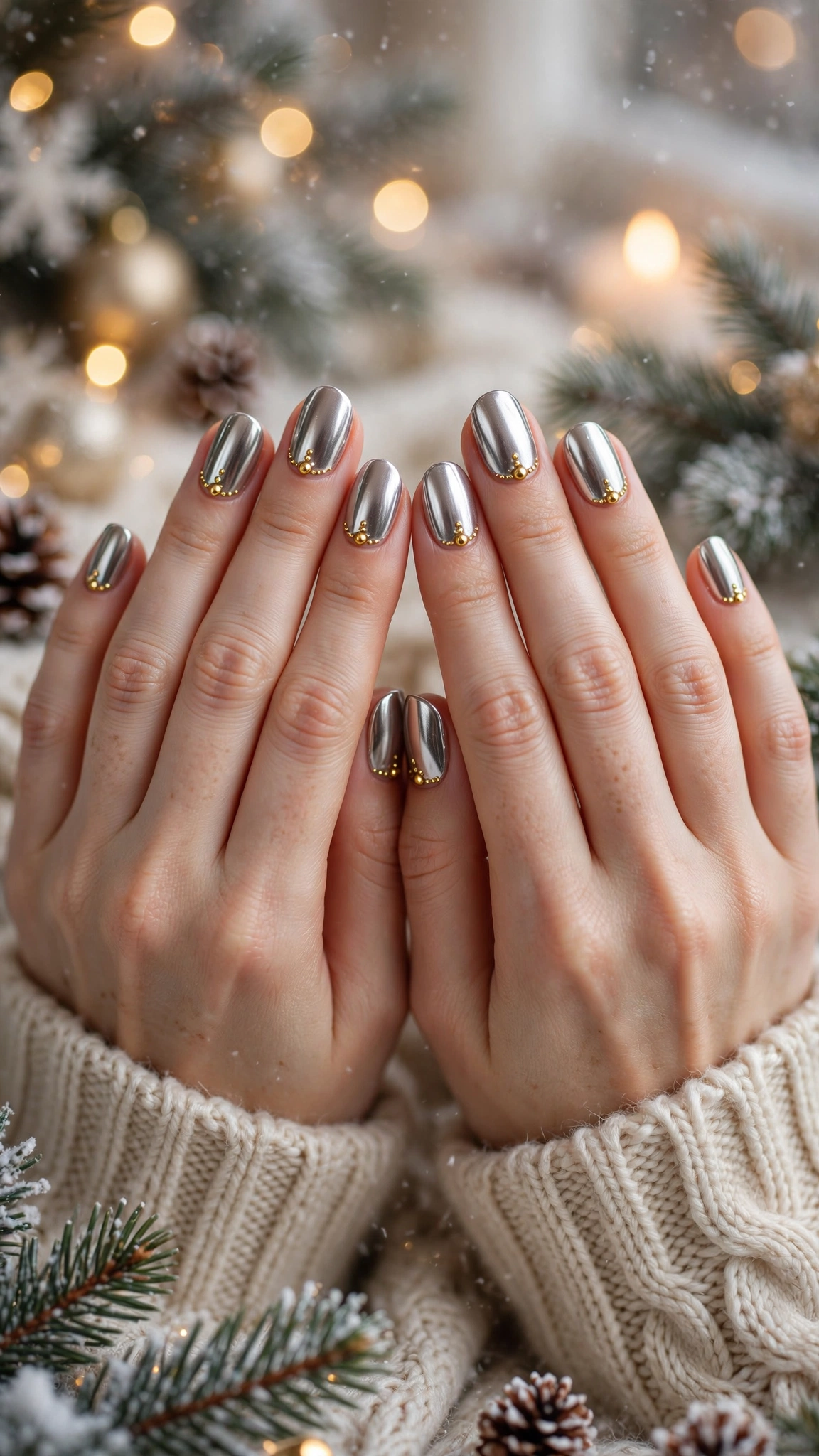 Gold Foil Winter Nail Art For Festive Evenings On Natural Oval Nails With A Liquid-Metal Shine And Gold Micro-Bead Details (Variation 36)