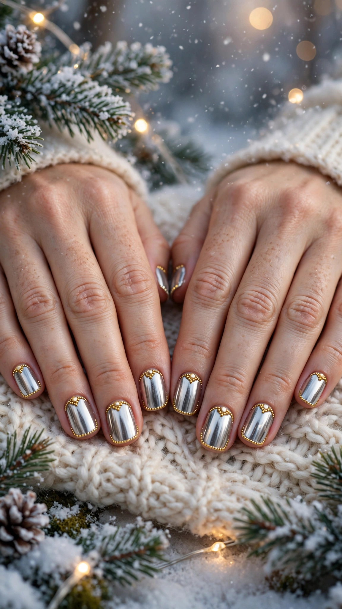 Gold Foil Winter Nail Art For Festive Evenings On Soft Square Nails With Mirror Chrome Shine And Gold Micro-Bead Details