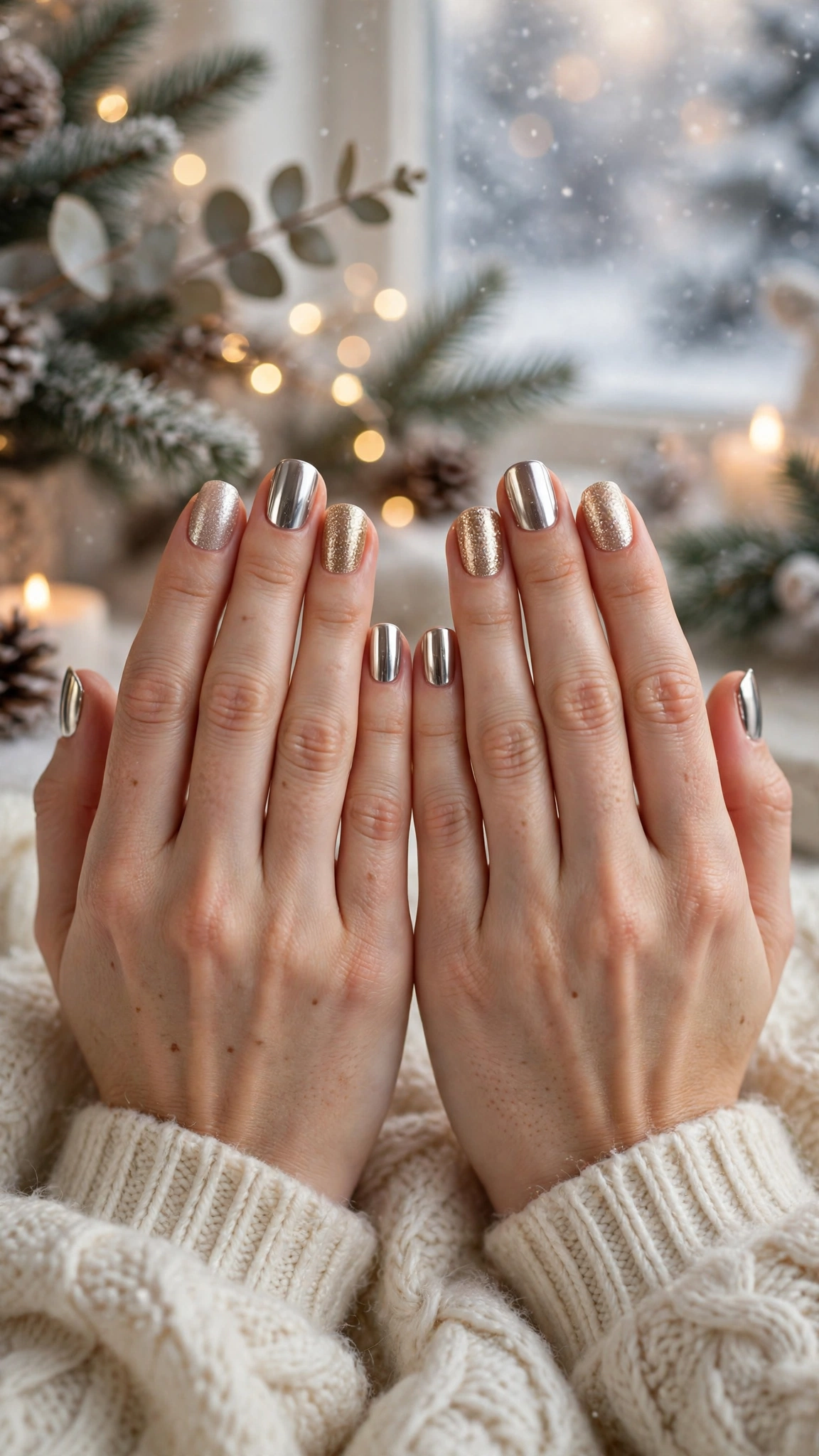 Gold Foil Winter Nail Art For Festive Evenings On Short Squoval Nails With A Luxe Polished Chrome And A Champagne Shimmer Accent