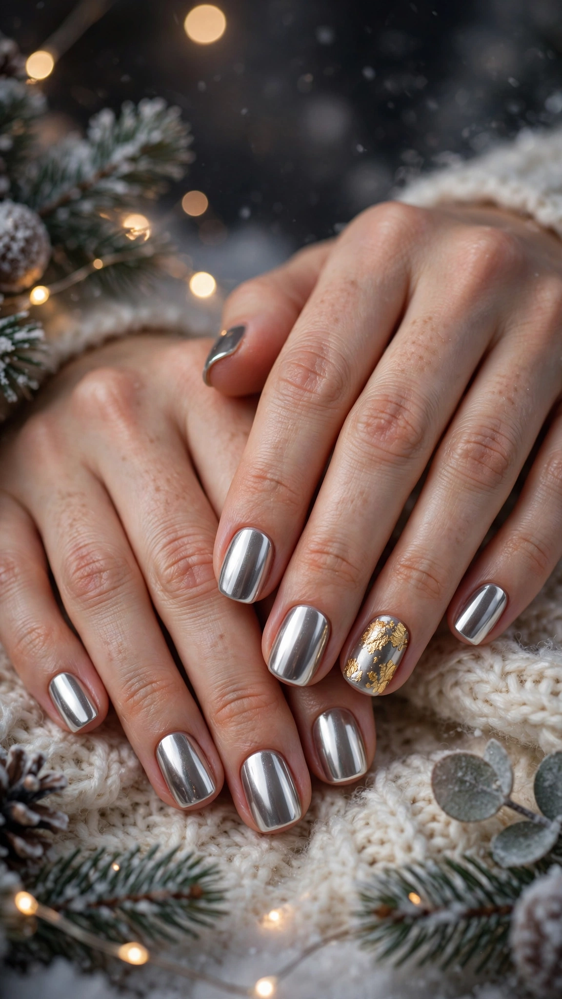 18 Gold leaf accent nails for winter weddings That Are Chic, Festive and Elegant 2 Gold Leaf Accent Nails For Winter Weddings On Soft Square Nails With Mirror Chrome Shine And A Single Gold Leaf Accent Nail