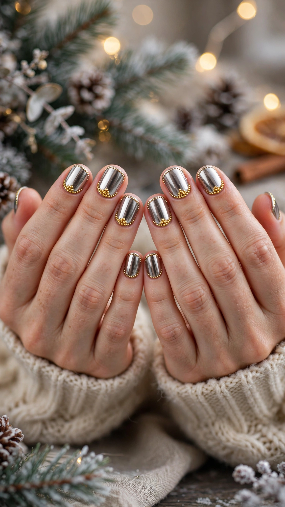 18 Gold leaf accent nails for winter weddings That Are Chic, Festive and Elegant 3 Gold Leaf Accent Nails For Winter Weddings On Short Squoval Nails With A Luxe Polished Chrome And Gold Micro-Bead Details